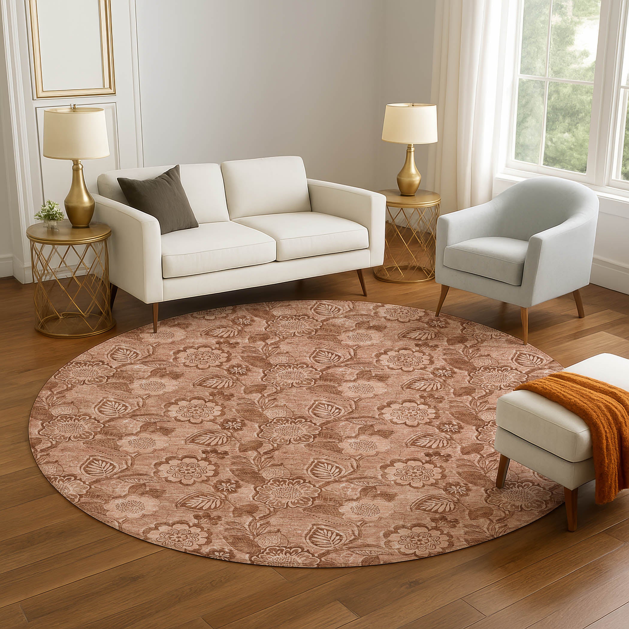Mdina Machine Washable Transitional Terracotta Orange Rug 8' x 8' #shape_Round