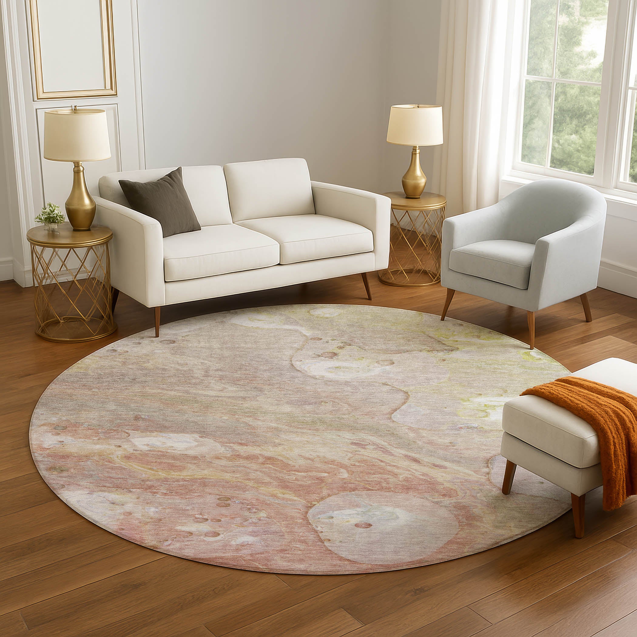 Kyoto Machine Washable Transitional Salmon Orange Rug 8' x 8' #shape_Round