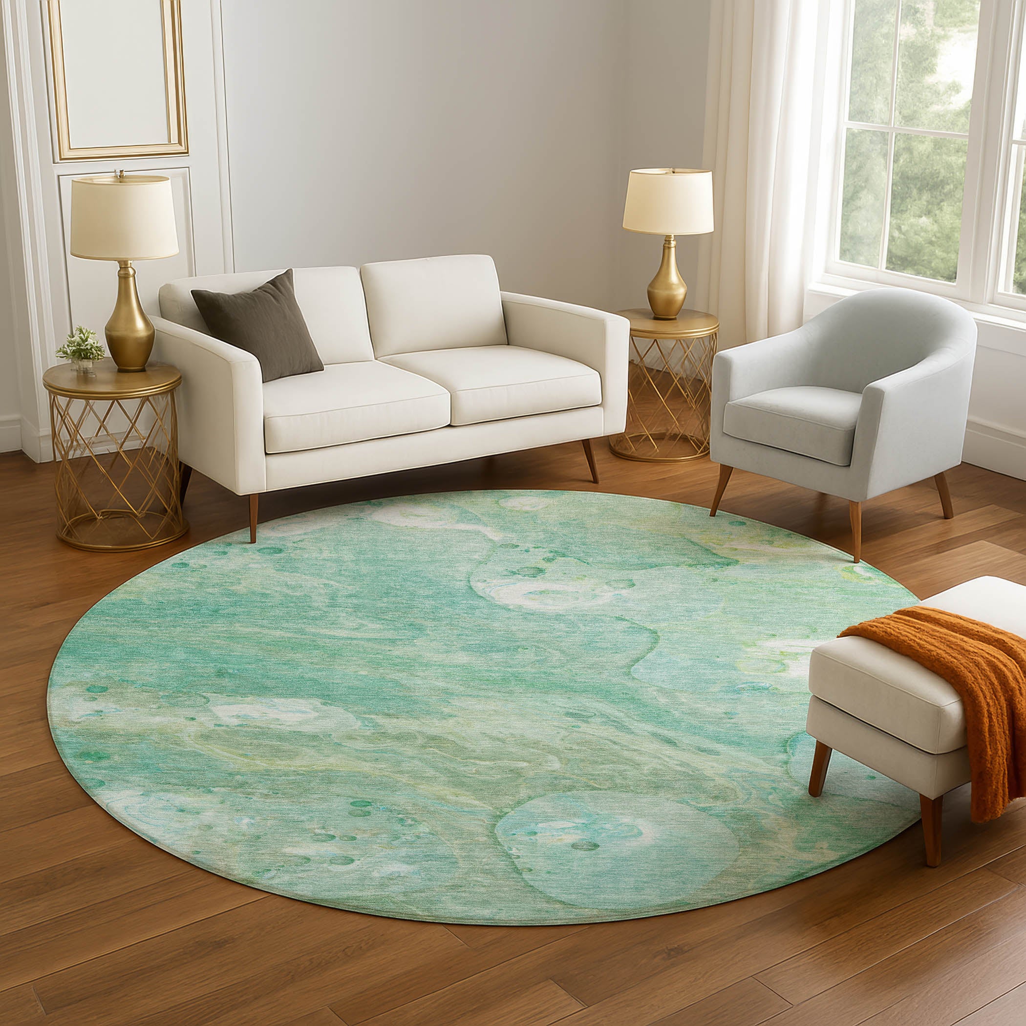 Kyoto Machine Washable Transitional Teal Rug 8' x 8' #shape_Round