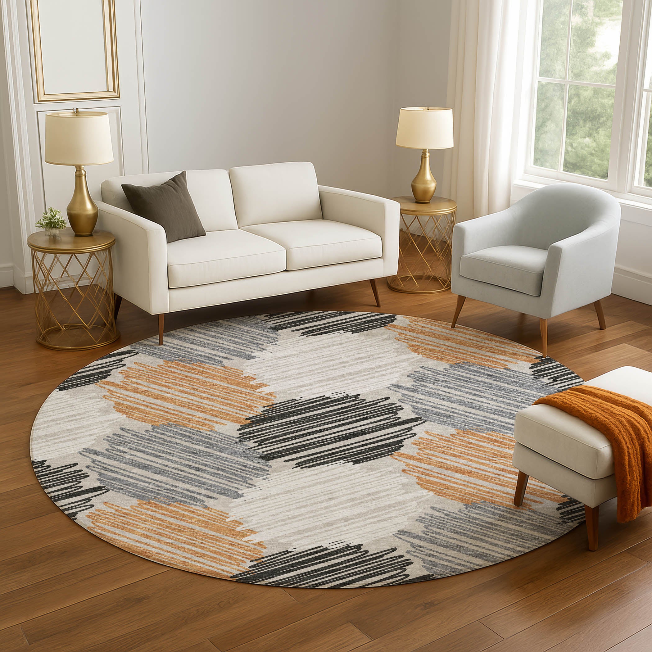 Tbilisi Machine Washable Transitional Copper Orange Rug 8' x 8' #shape_Round