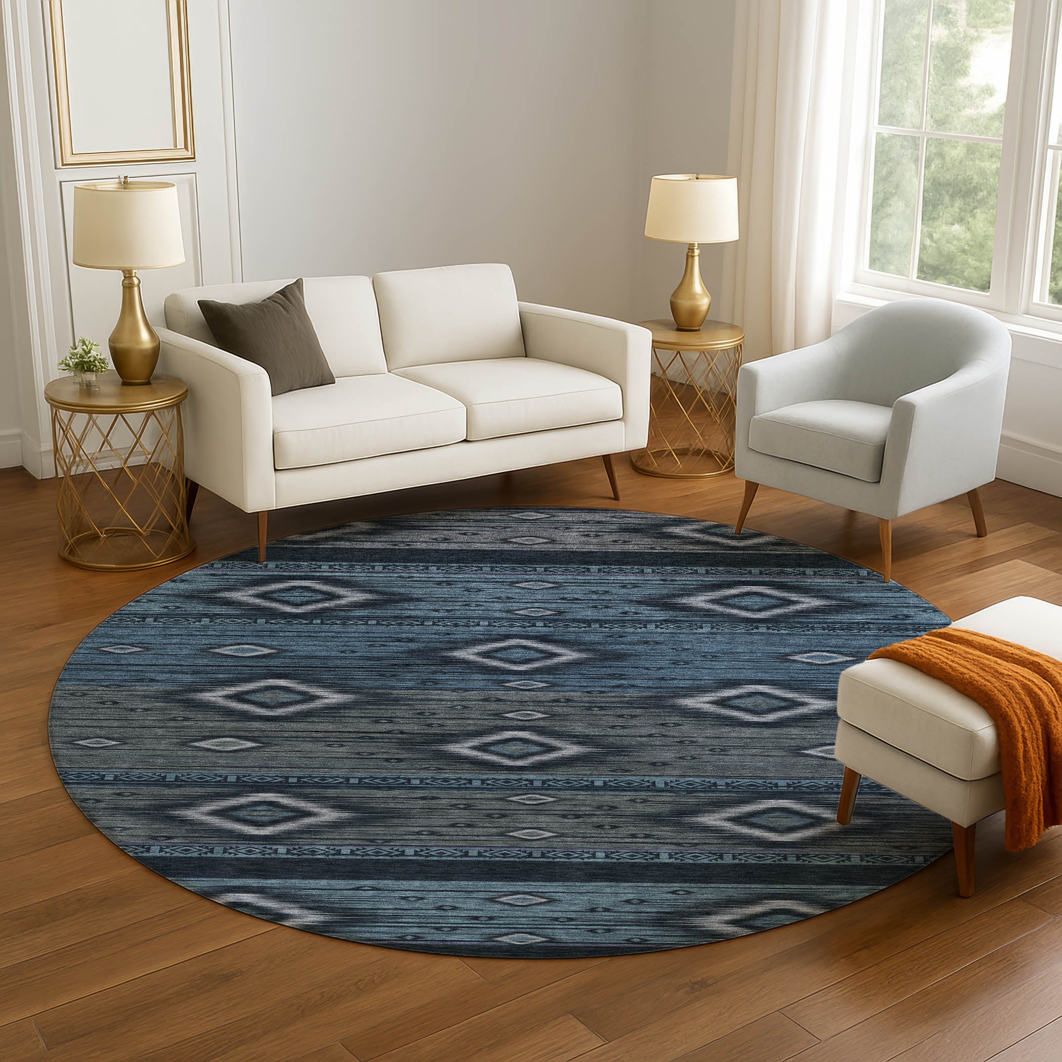 Bruges Machine Washable Transitional Teal Rug 8' x 8' #shape_Round