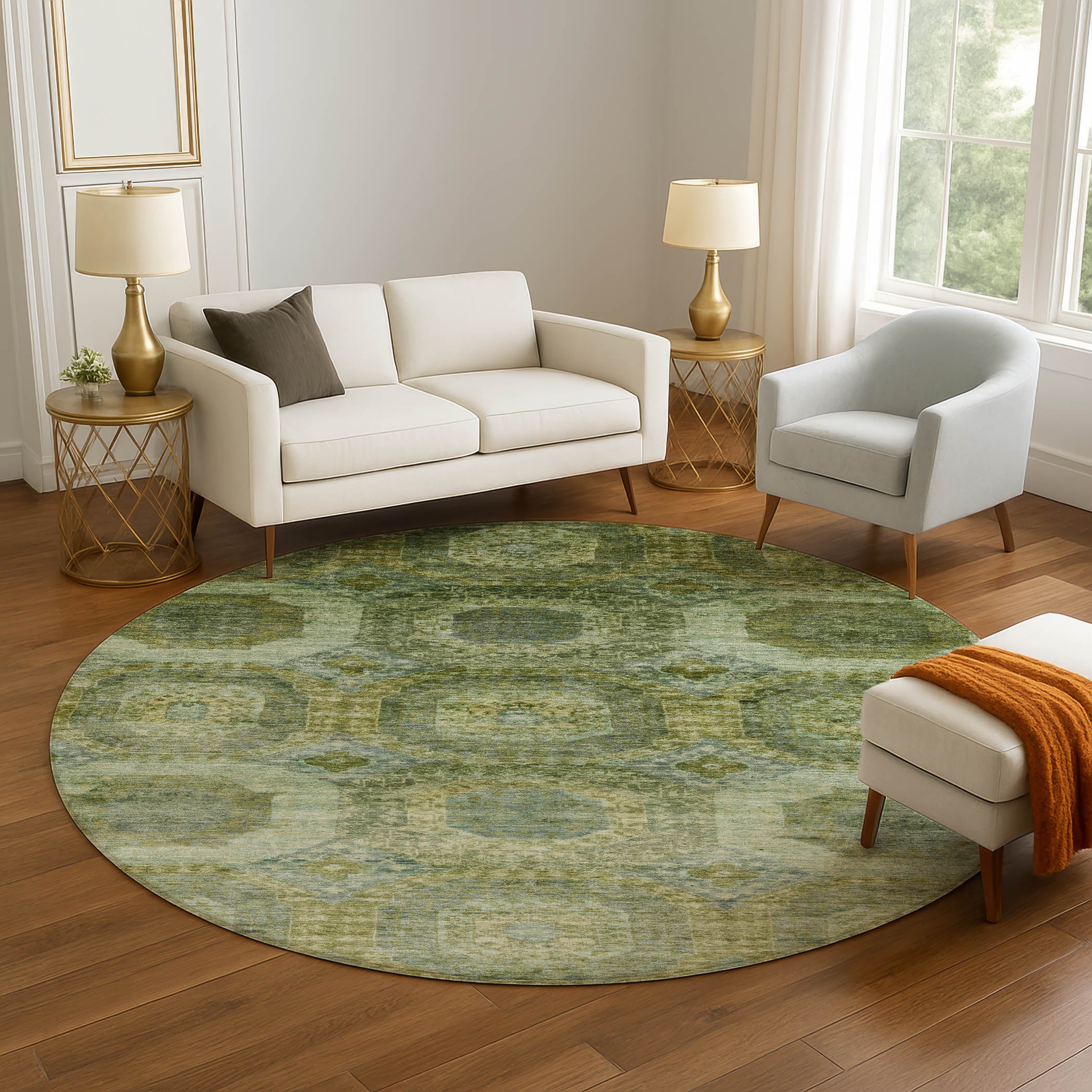 Prague Machine Washable Transitional Aloe Green Rug 8' x 8' #shape_Round
