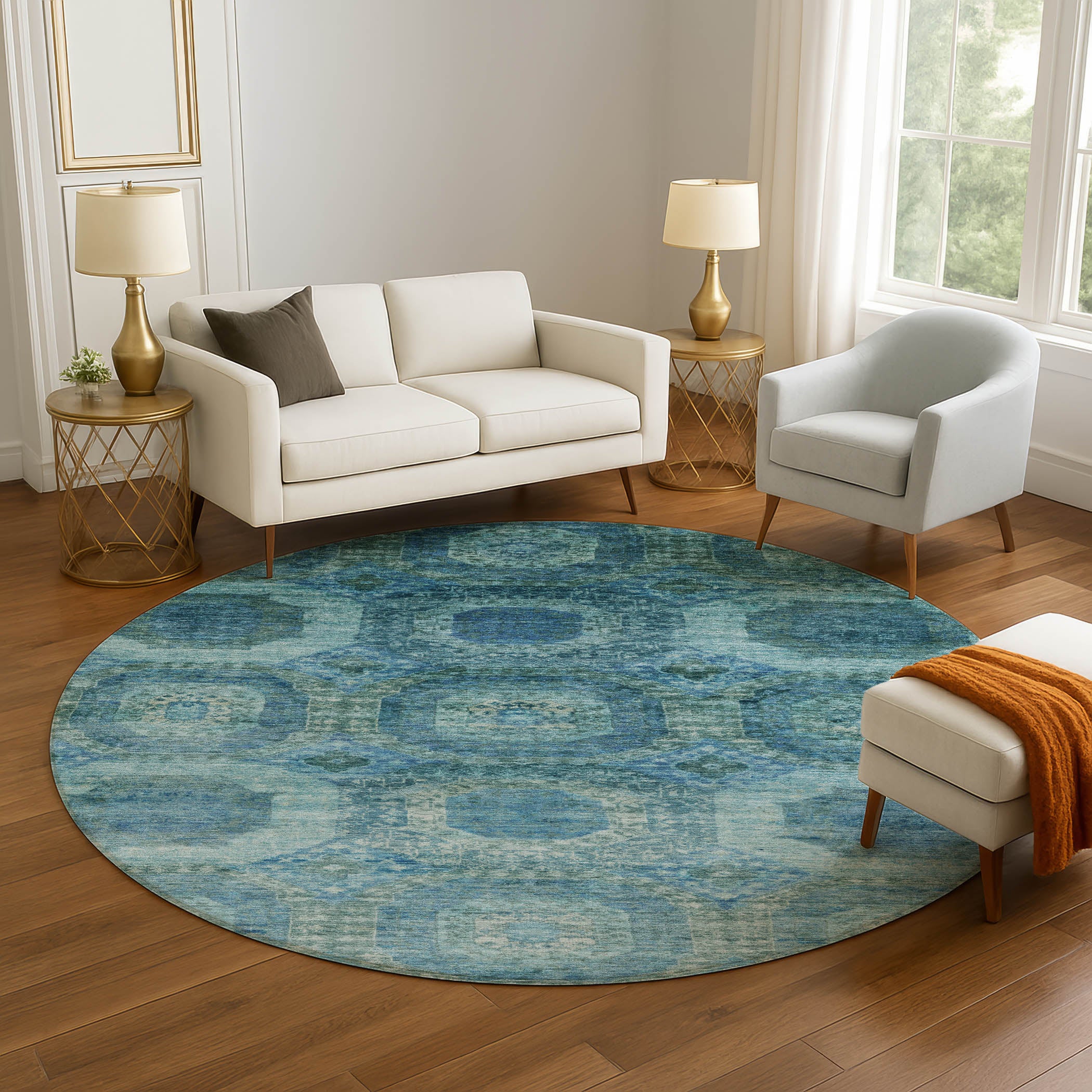 Prague Machine Washable Transitional Blue Rug 8' x 8' #shape_Round