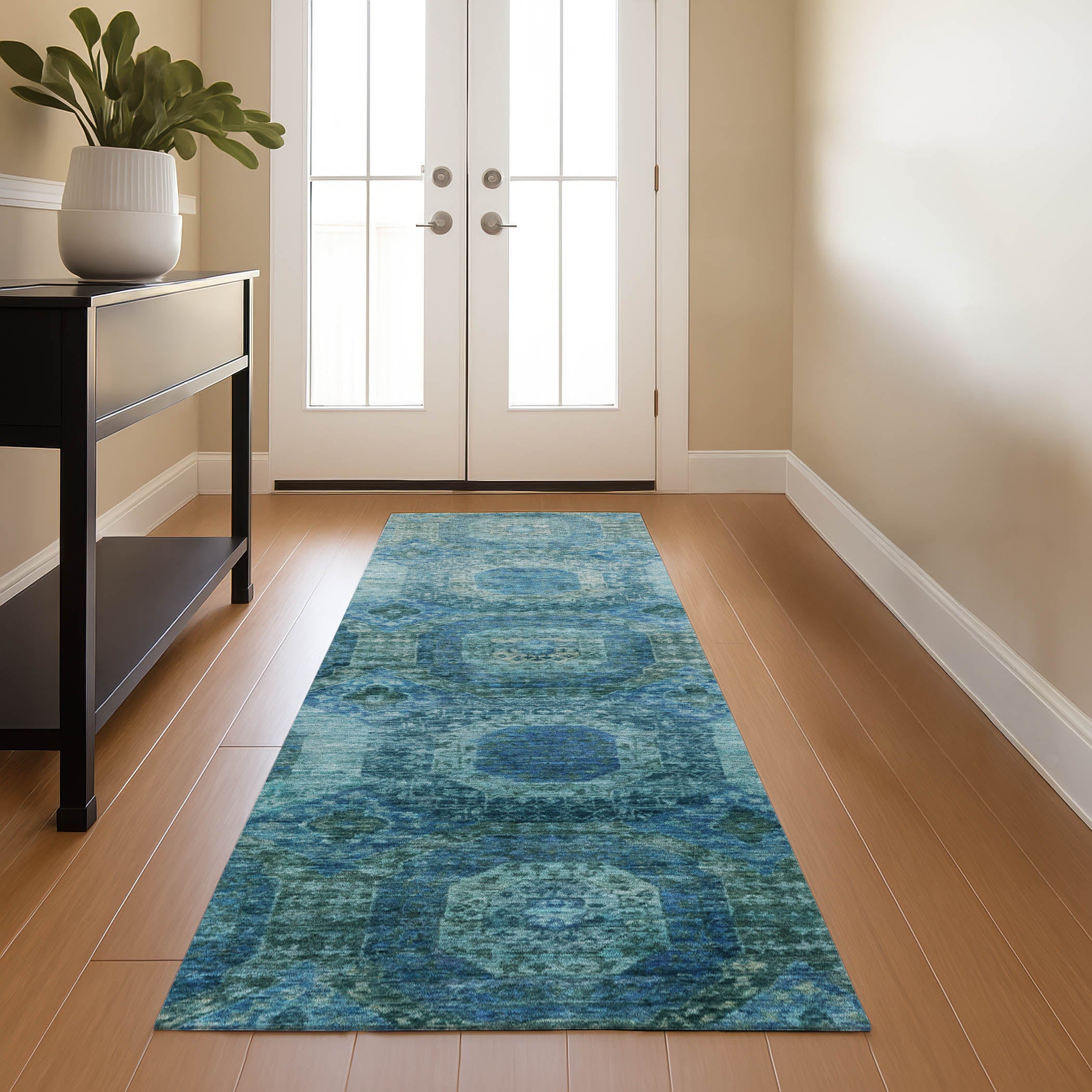 Prague Machine Washable Transitional Blue Rug 2'3" x 7'6" #shape_Runner