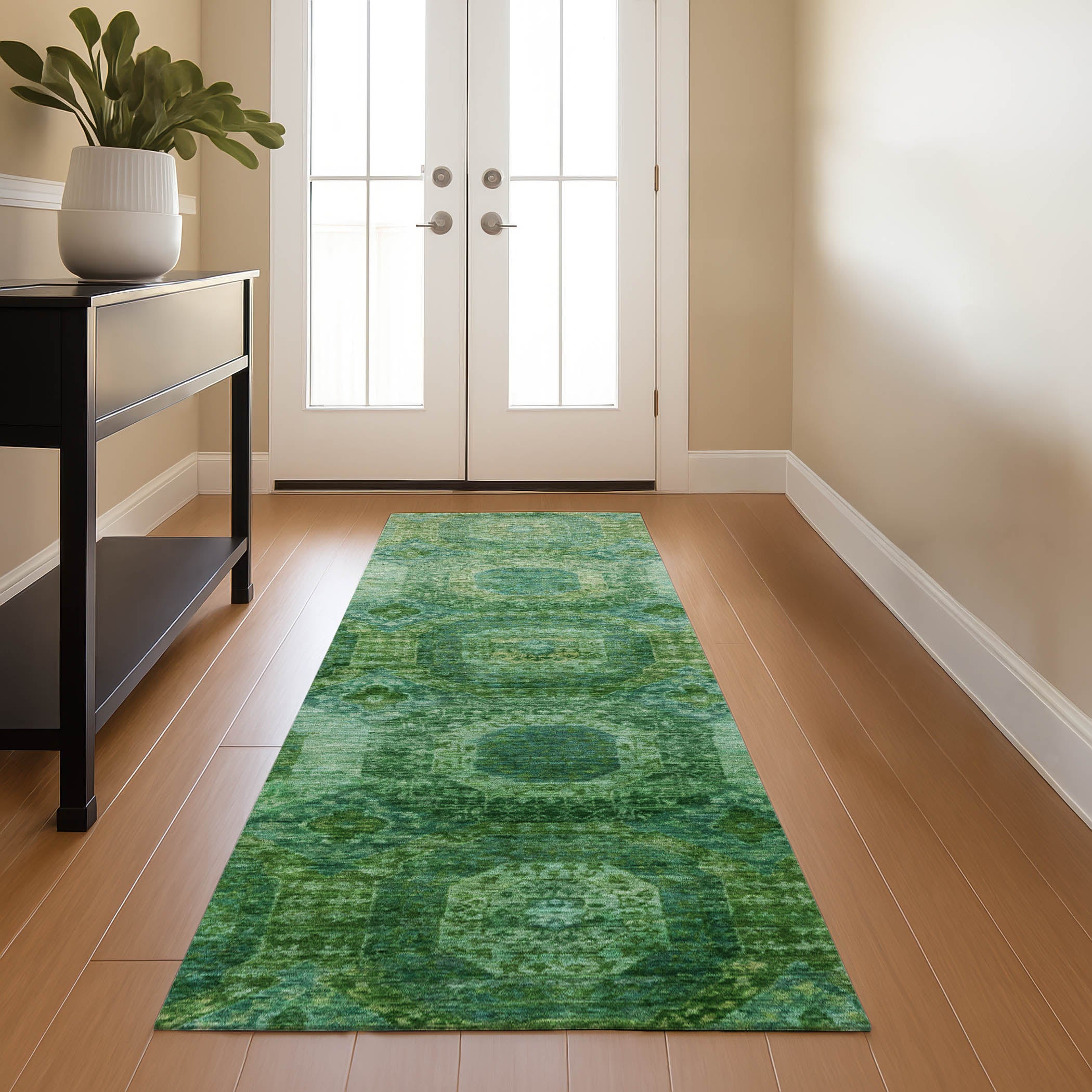 Prague Machine Washable Transitional Emerald Green Rug 2'3" x 7'6" #shape_Runner