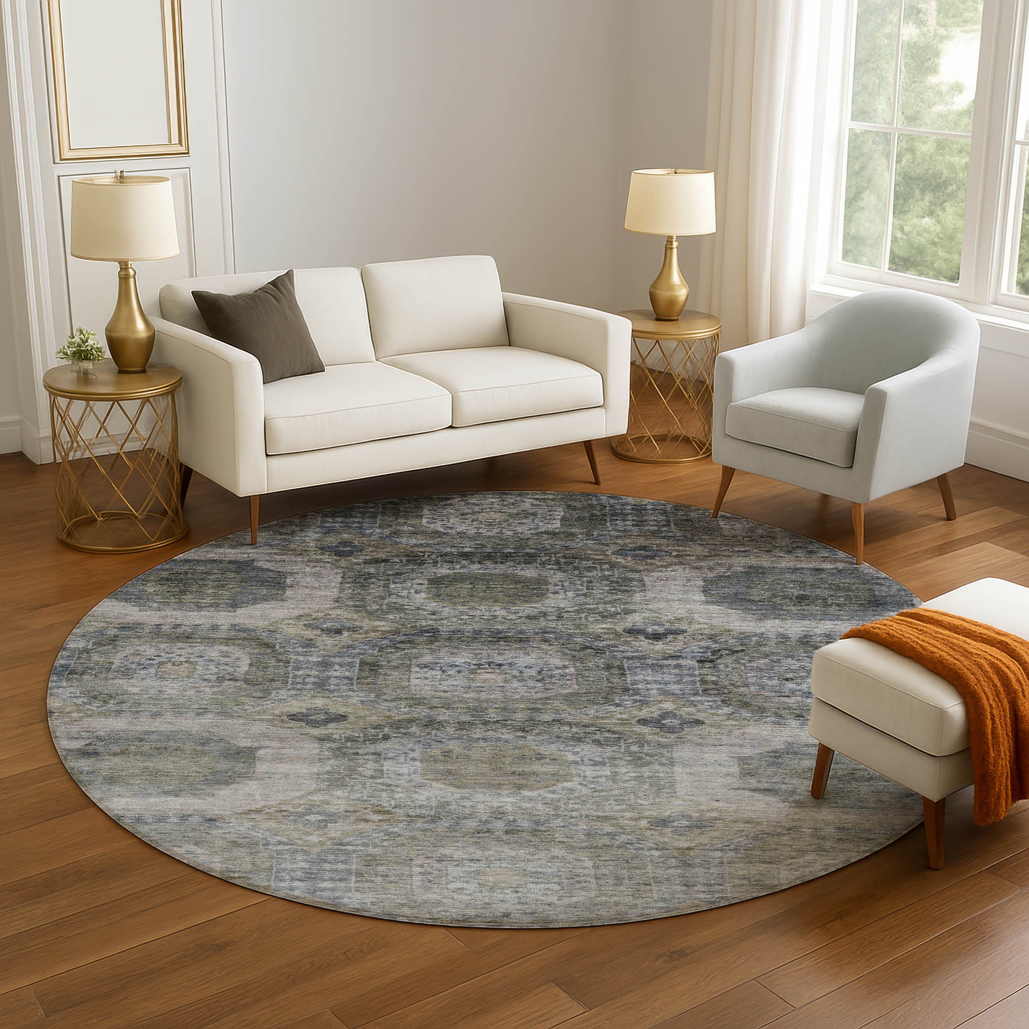 Prague Machine Washable Transitional Mocha Brown Rug 8' x 8' #shape_Round