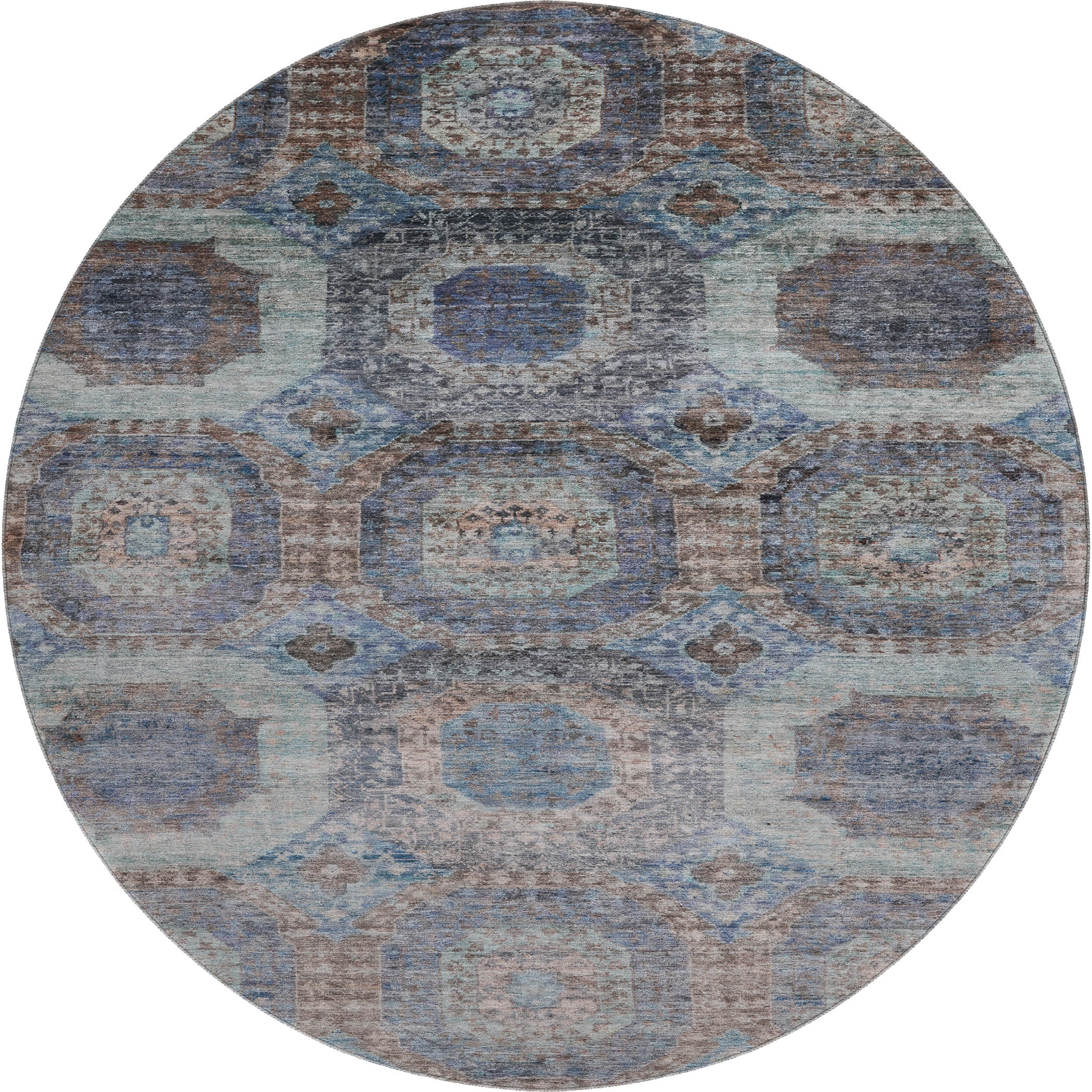 Prague Machine Washable Transitional Teal Rug 8' x 8' #shape_Round