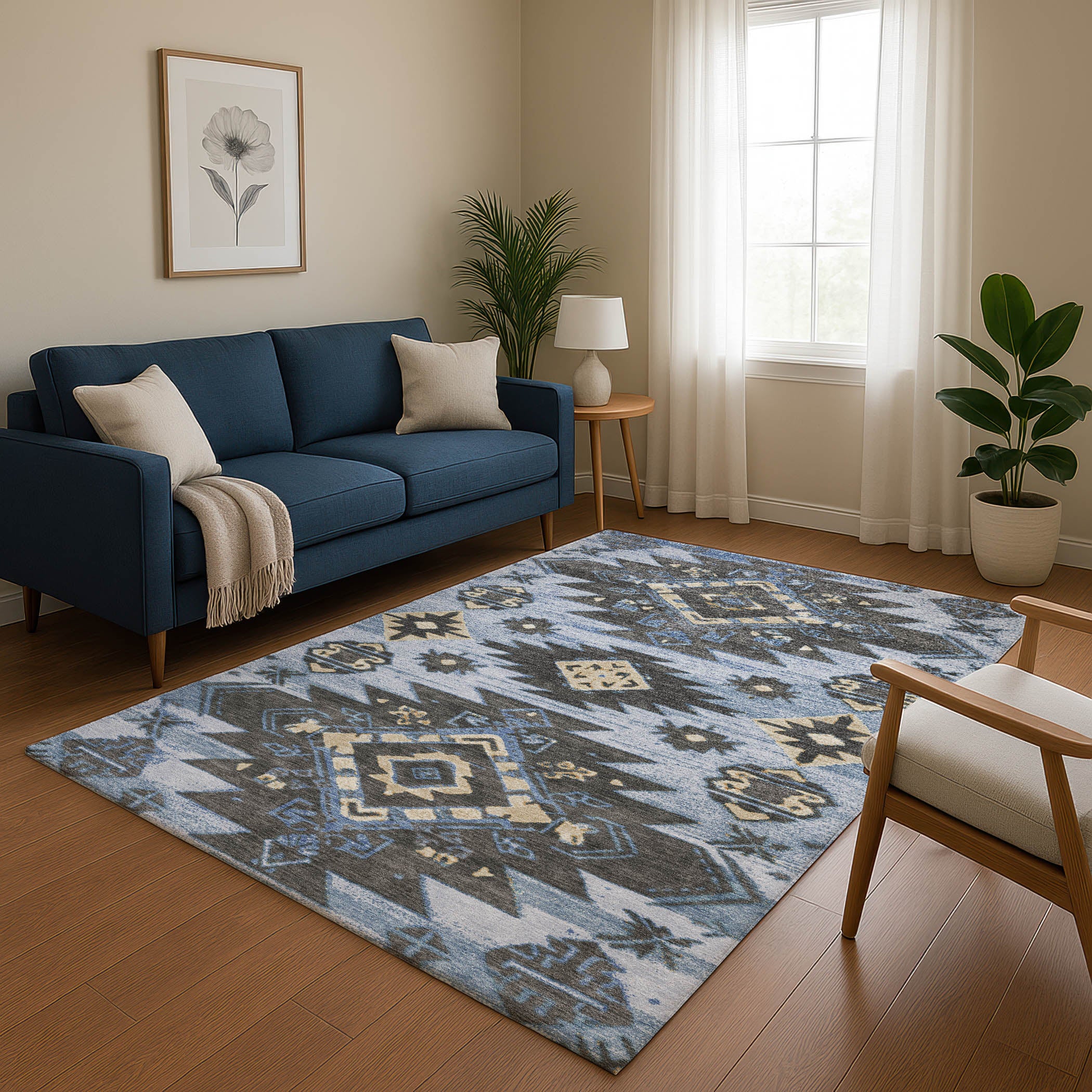 Florence Machine Washable Transitional Blue Rug 2'6" x 3'10" #shape_Rectangle