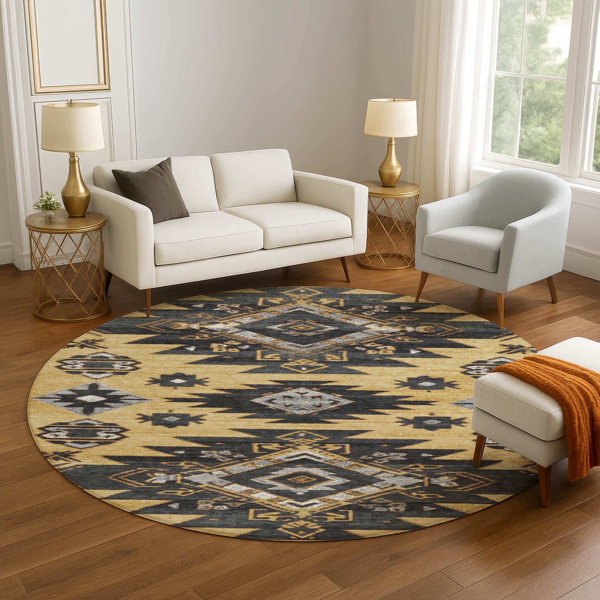 Florence Machine Washable Transitional Gold Rug 8' x 8' #shape_Round