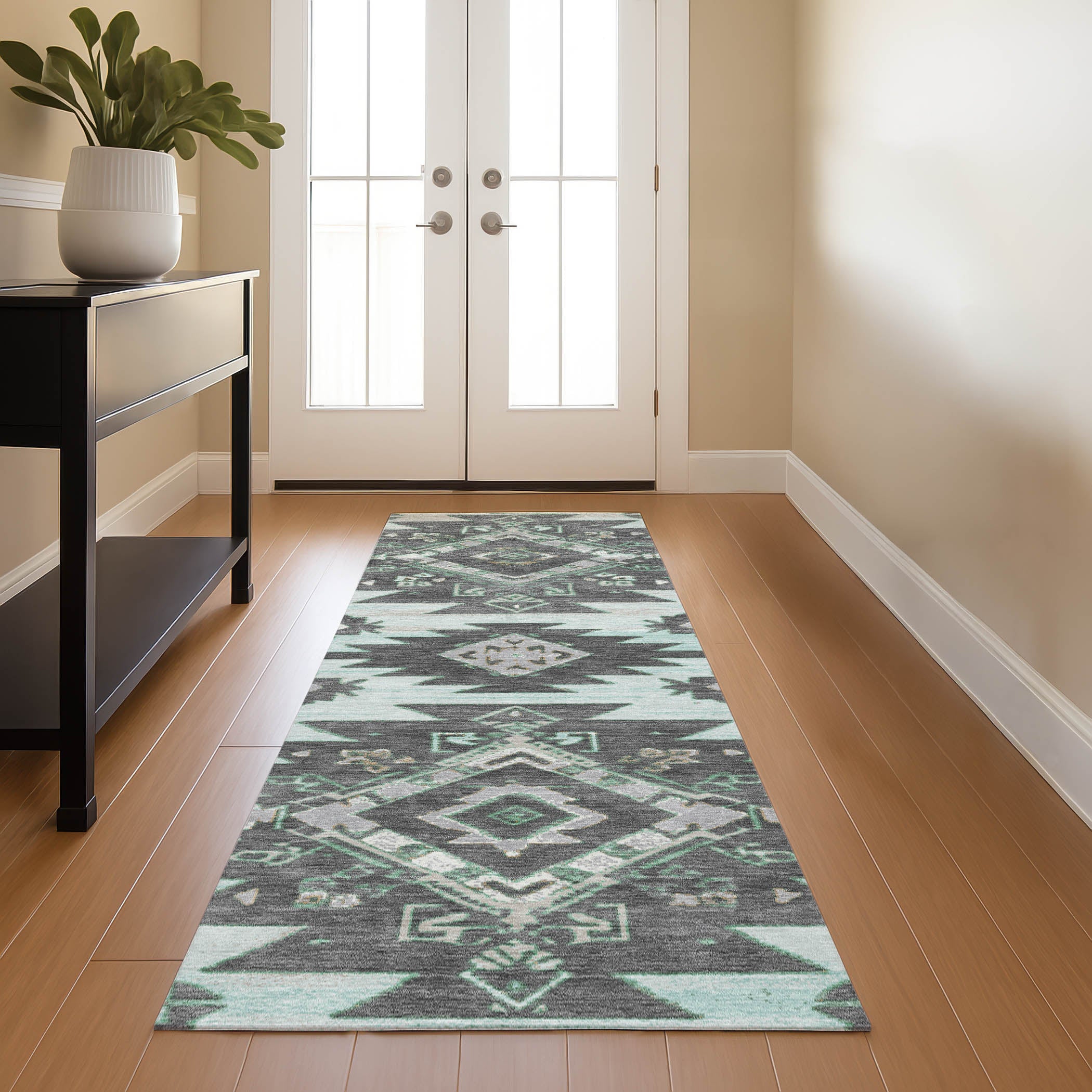 Florence Machine Washable Transitional Mint Green Rug 2'3" x 7'6" #shape_Runner