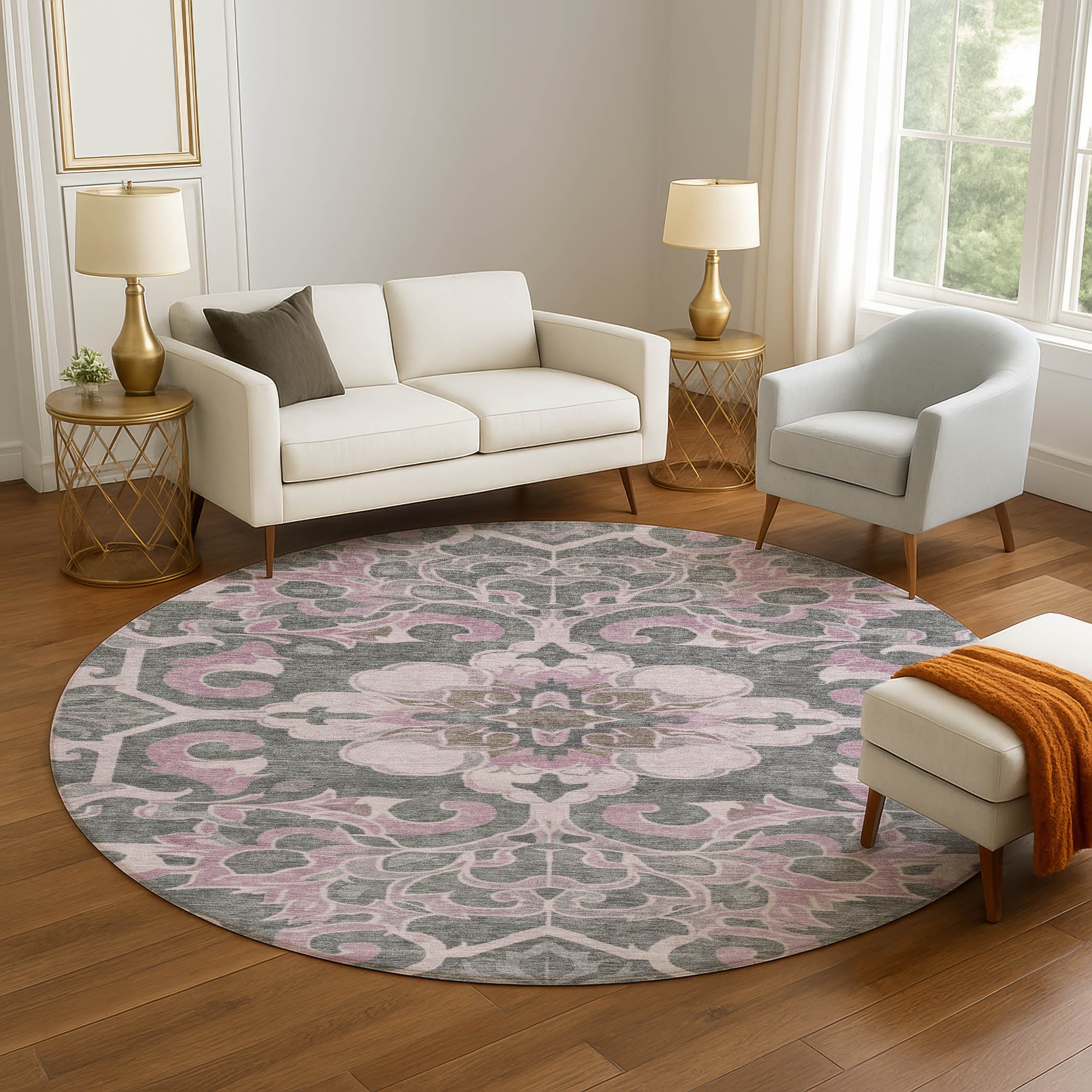 Bruges Machine Washable Traditional Pink Rug 8' x 8' #shape_Round
