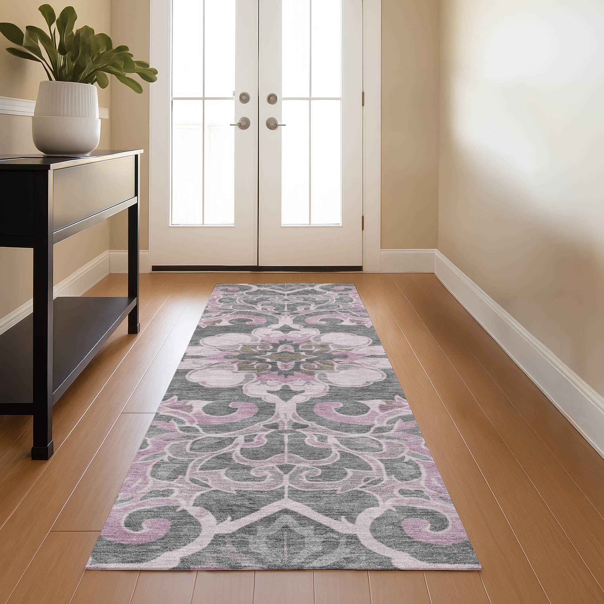 Bruges Machine Washable Traditional Pink Rug 2'3" x 7'6" #shape_Runner