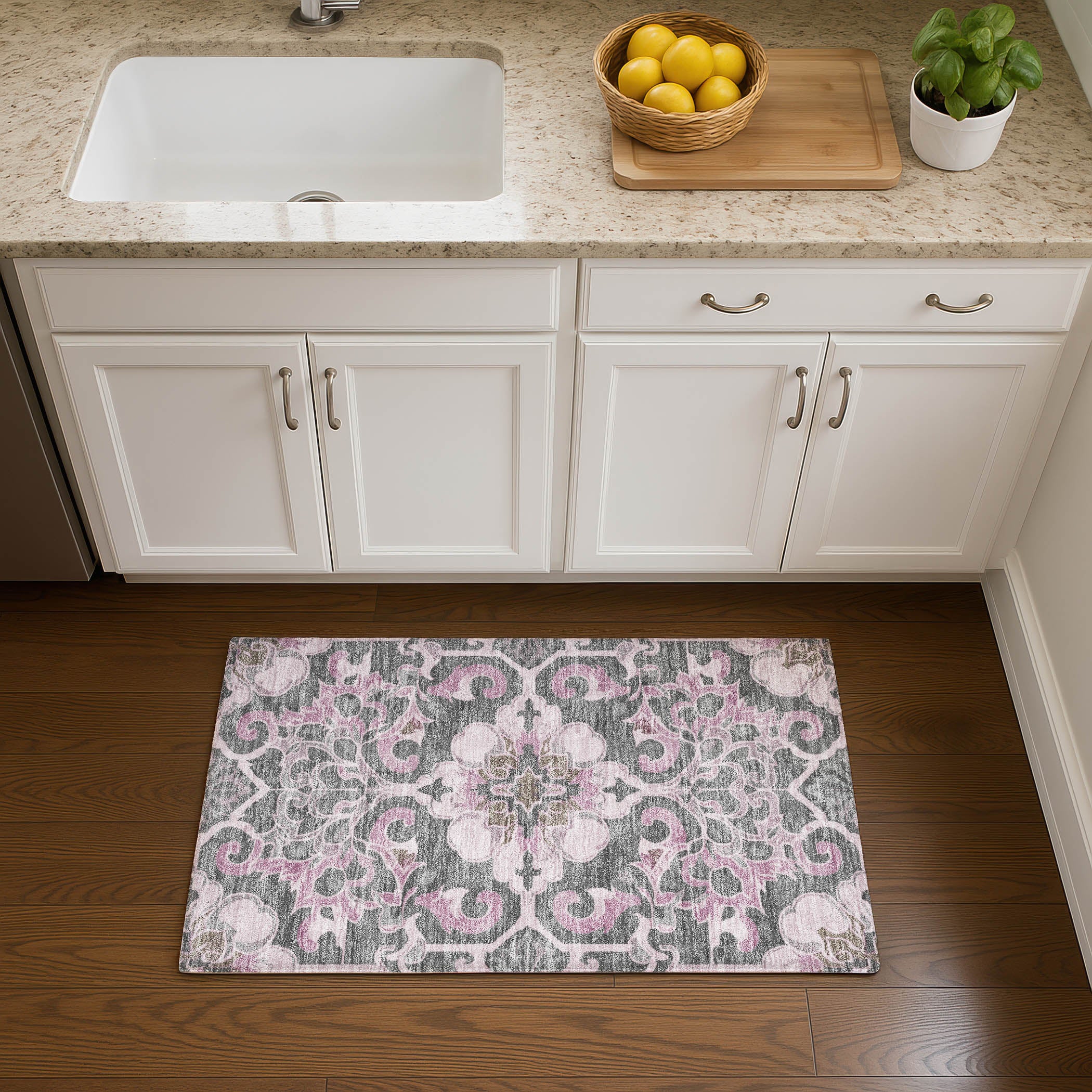 Bruges Machine Washable Traditional Pink Rug 1'8" x 2'6" #shape_Rectangle