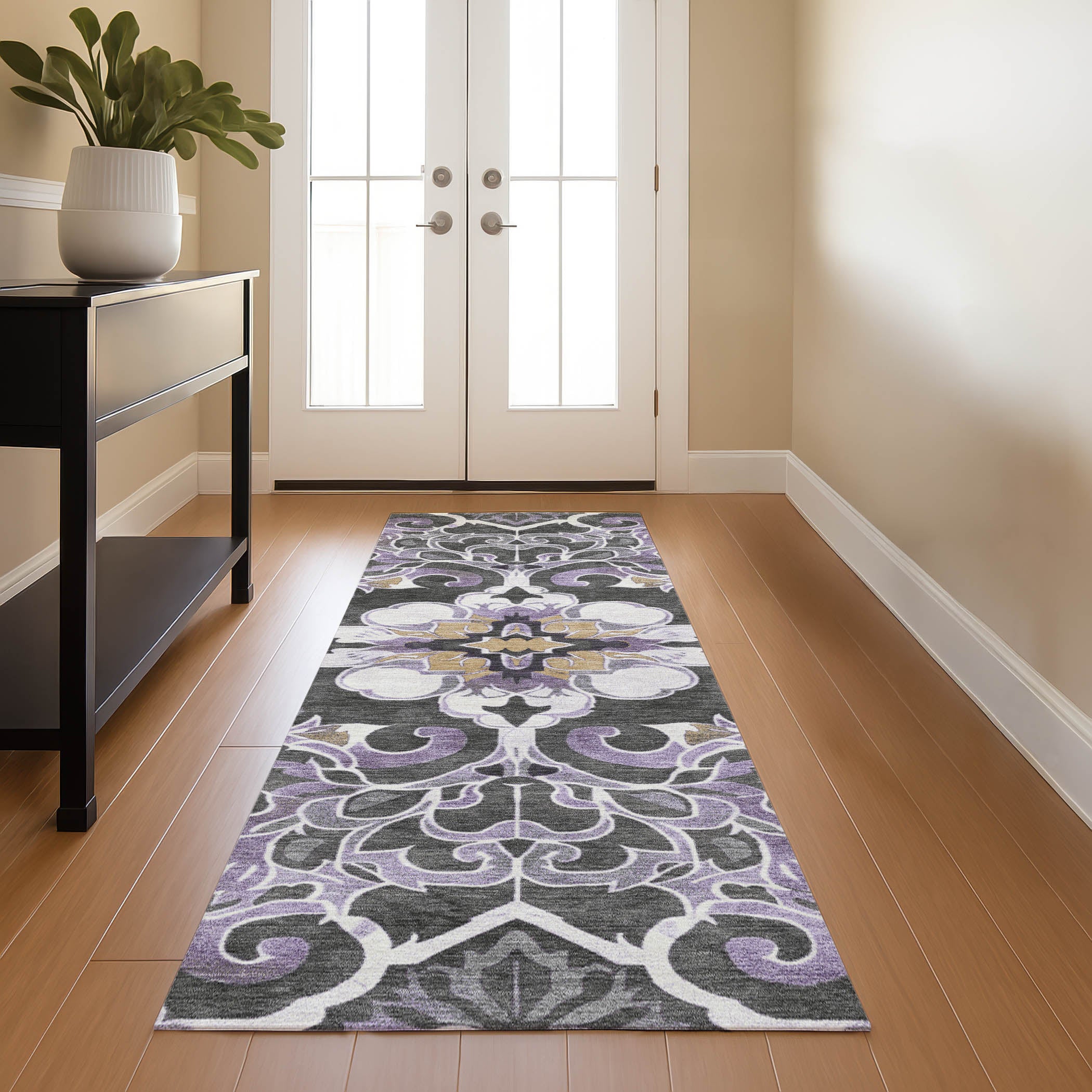 Bruges Machine Washable Traditional Purple Rug 2'3" x 7'6" #shape_Runner