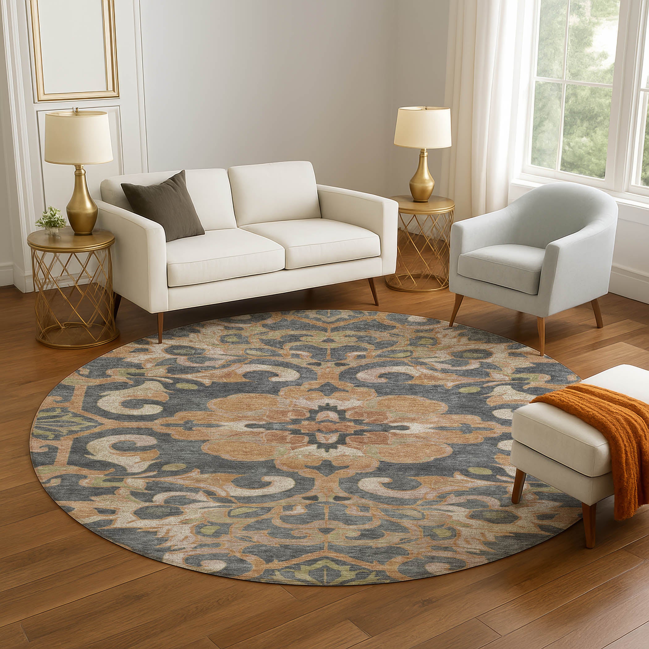 Bruges Machine Washable Traditional Terracotta Orange Rug 8' x 8' #shape_Round