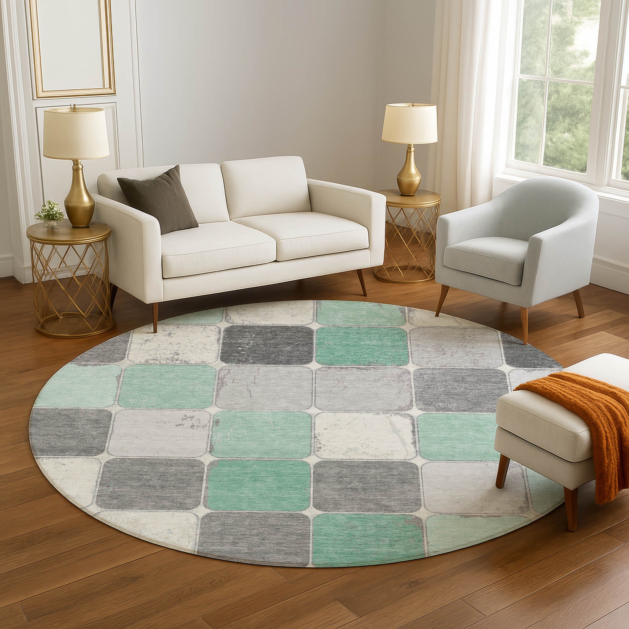 Bruges Machine Washable Transitional Mint Green Rug 8' x 8' #shape_Round