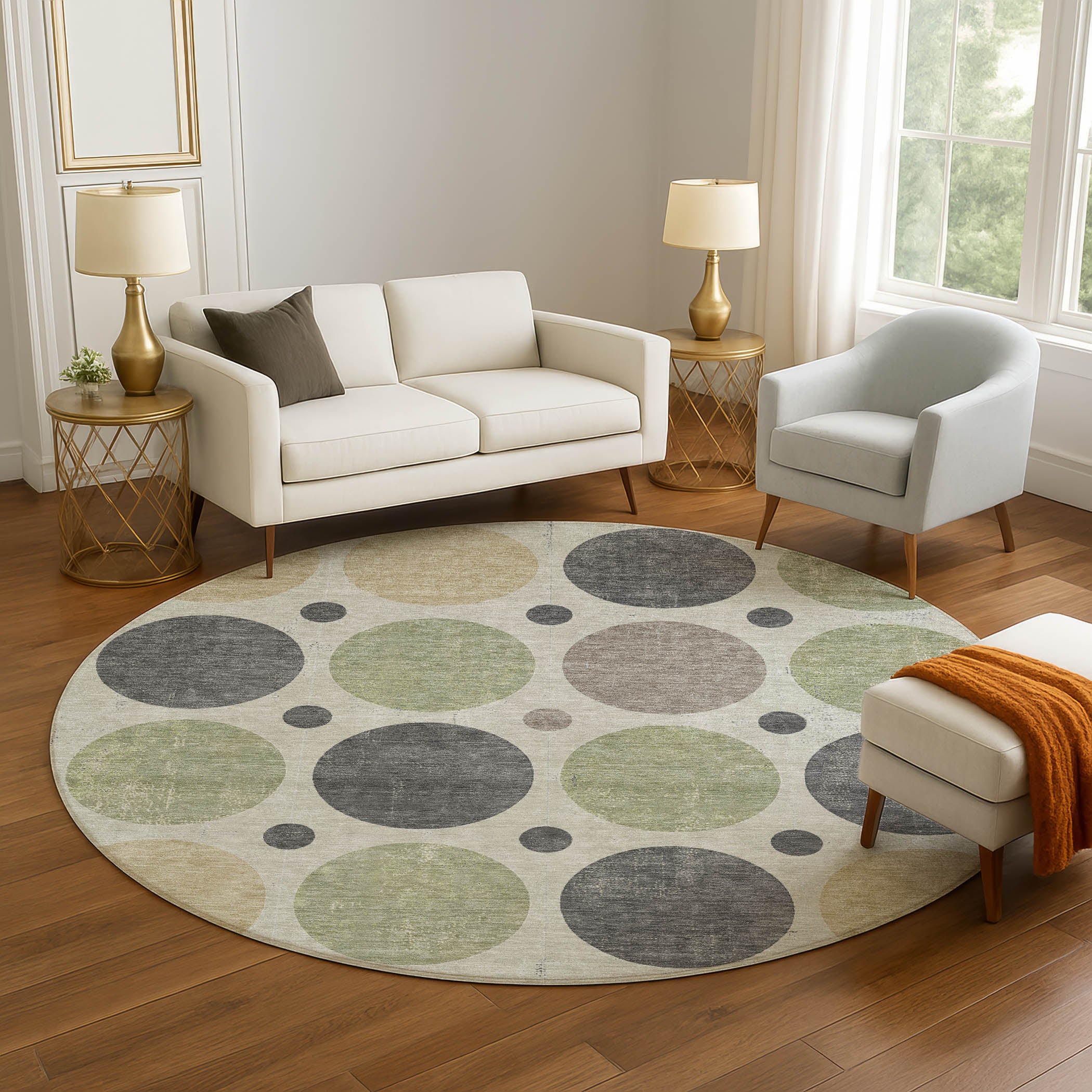 Prague Machine Washable Transitional Beige Brown Rug 8' x 8' #shape_Round