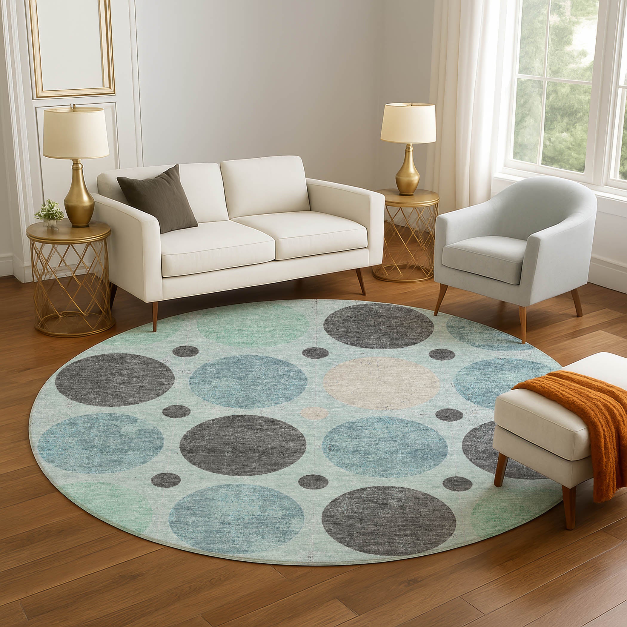 Prague Machine Washable Transitional Teal Rug 8' x 8' #shape_Round