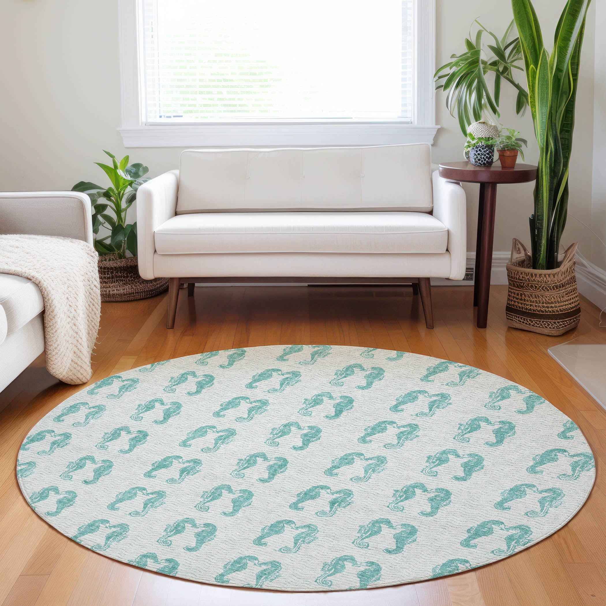 Athens Machine Washable Coastal Aqua Teal Rug 8' x 8' #shape_Round