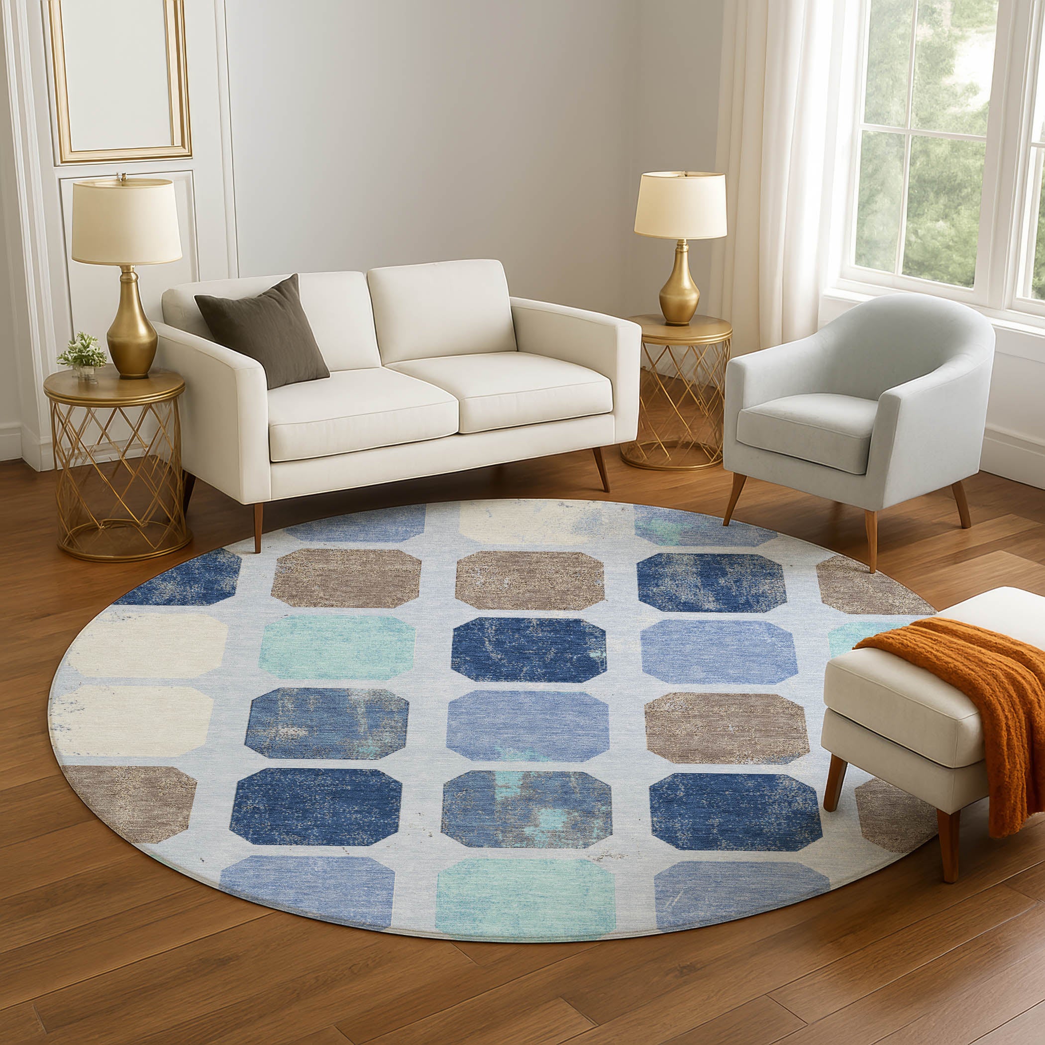Athens Machine Washable Transitional Denim Blue Rug 8' x 8' #shape_Round