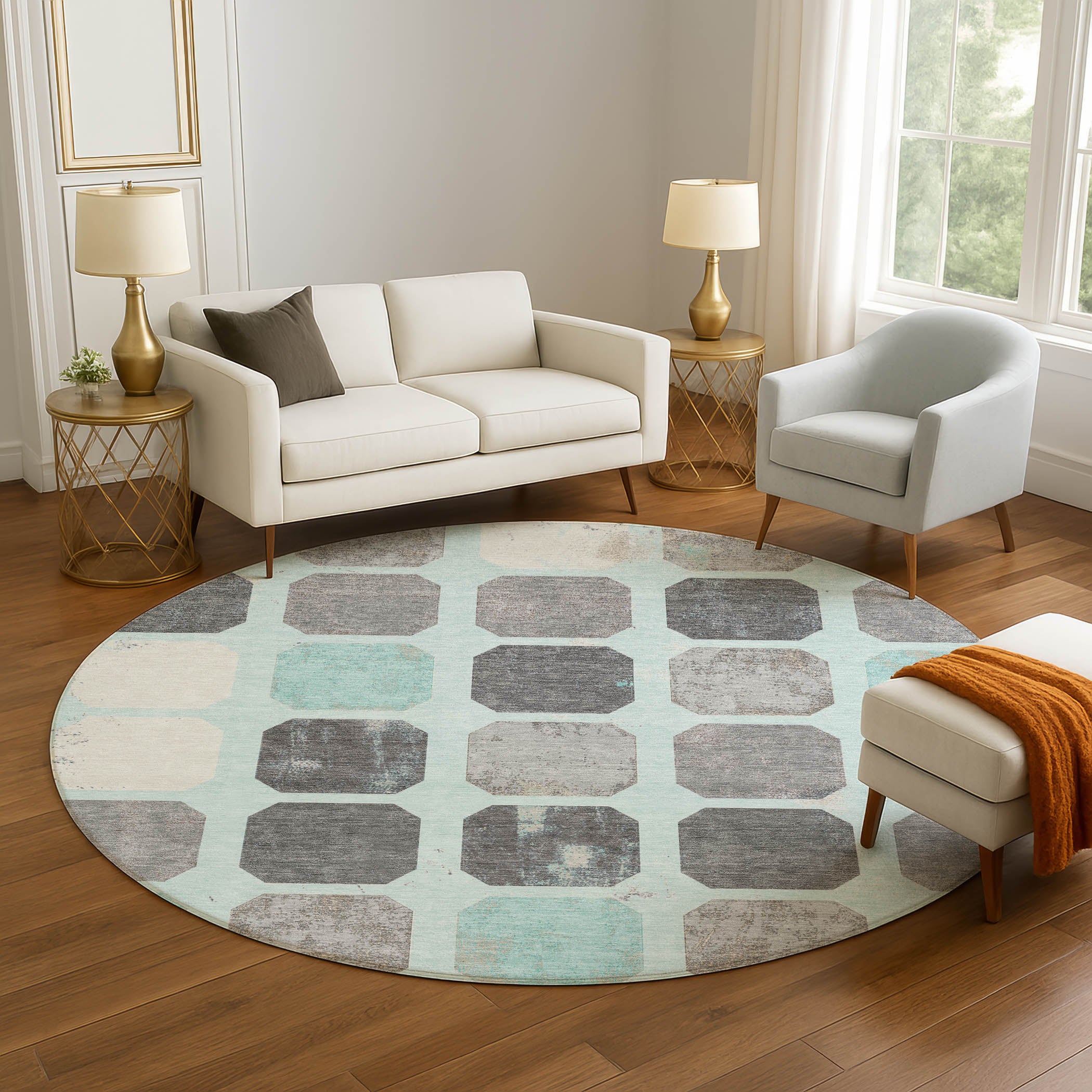 Athens Machine Washable Transitional Teal Rug 8' x 8' #shape_Round