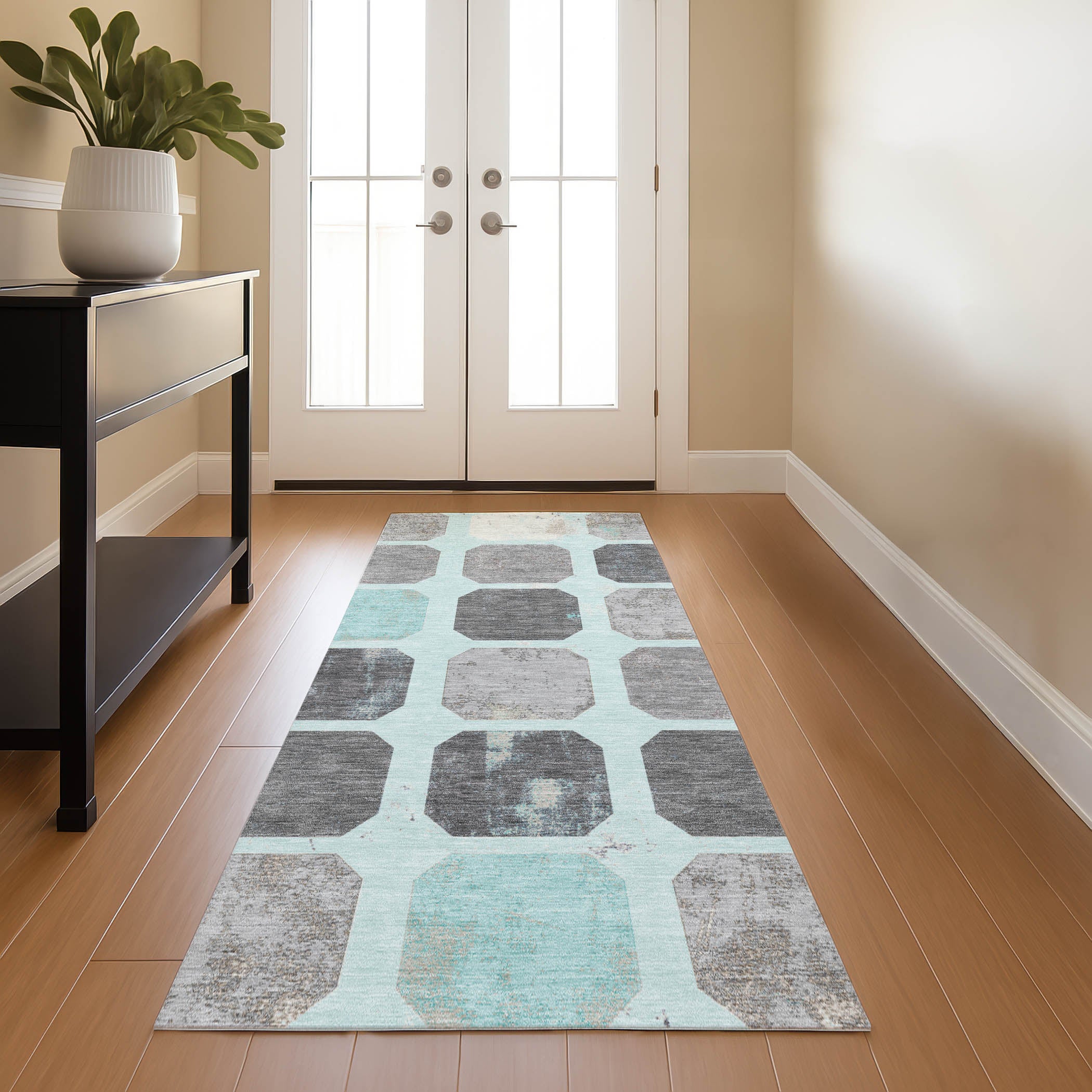 Athens Machine Washable Transitional Teal Rug 2'3" x 7'6" #shape_Runner