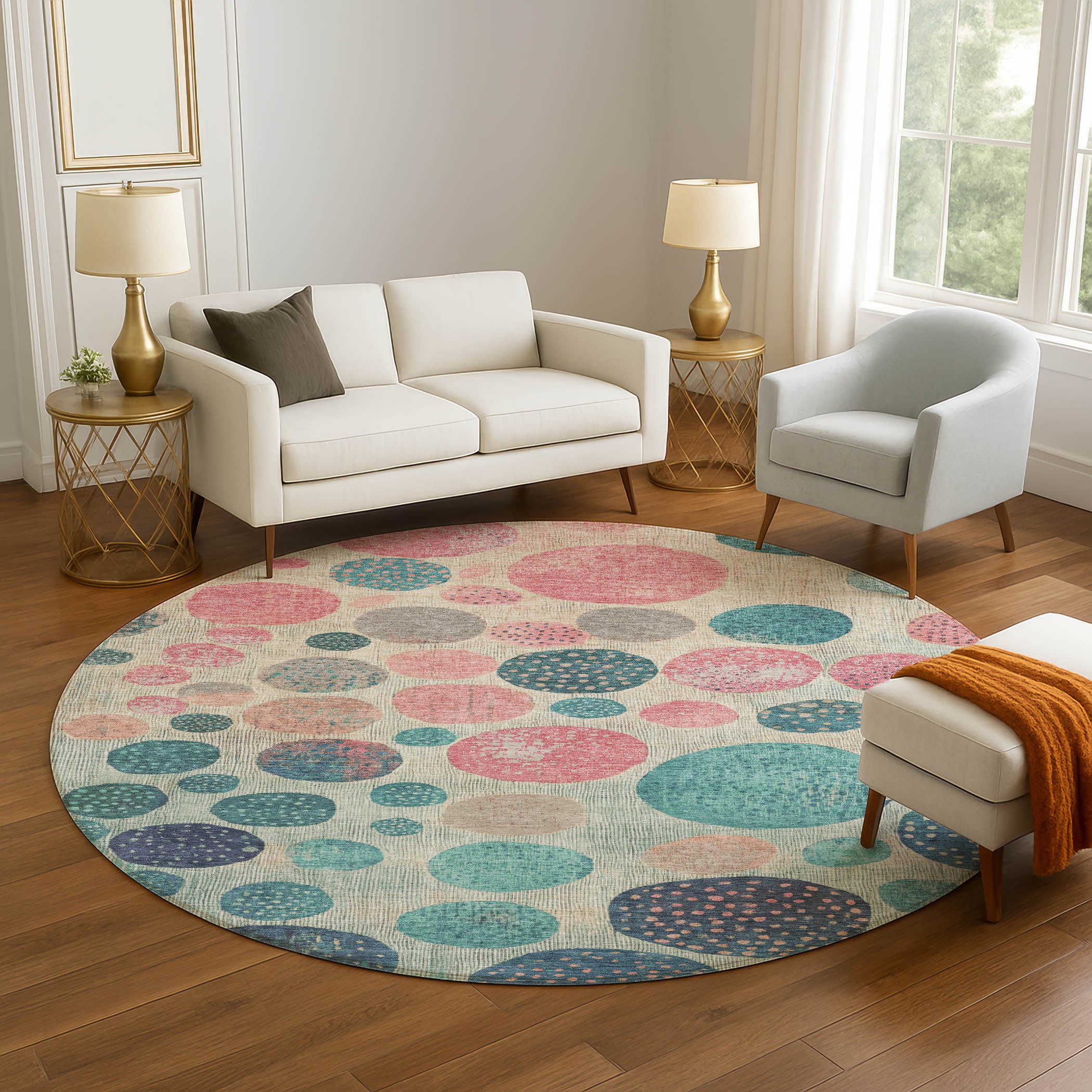 Sintra Machine Washable Transitional Teal Rug 8' x 8' #shape_Round
