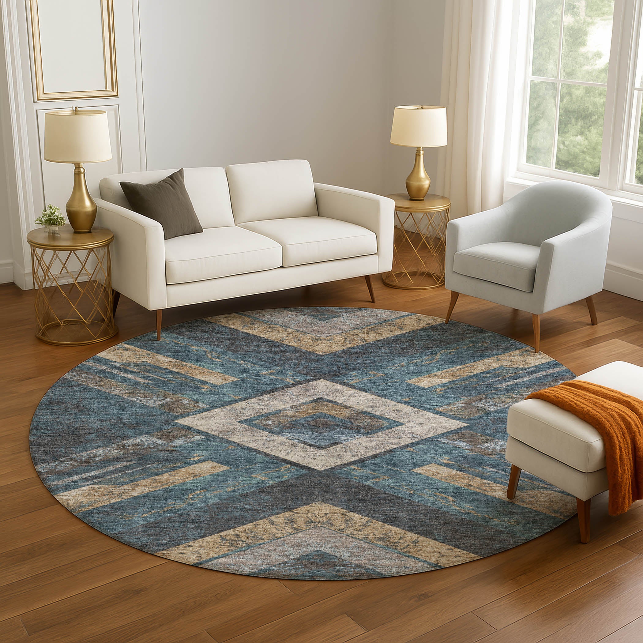 Salzburg Machine Washable Transitional Navy Blue Rug 8' x 8' #shape_Round