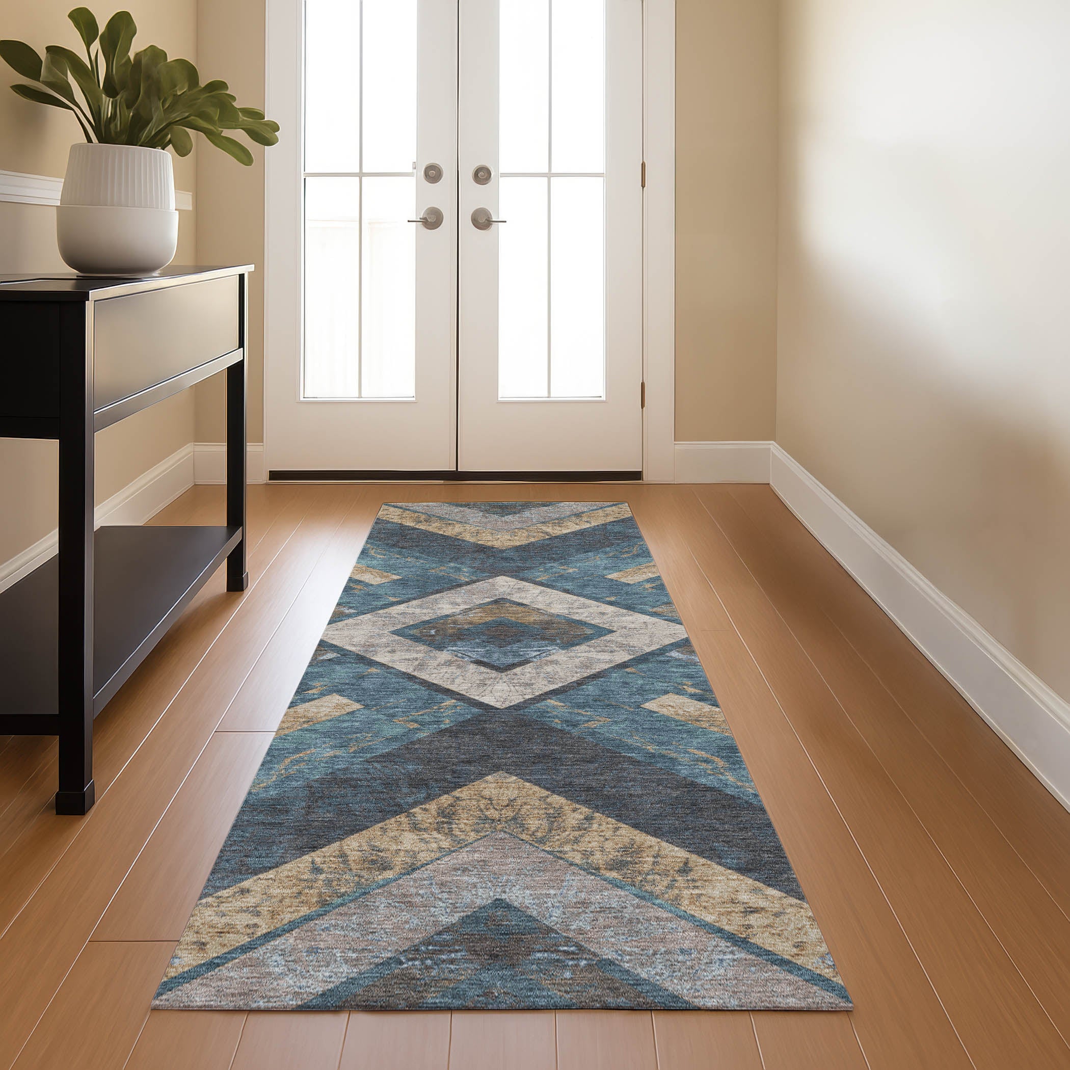 Salzburg Machine Washable Transitional Navy Blue Rug 2'3" x 7'6" #shape_Runner