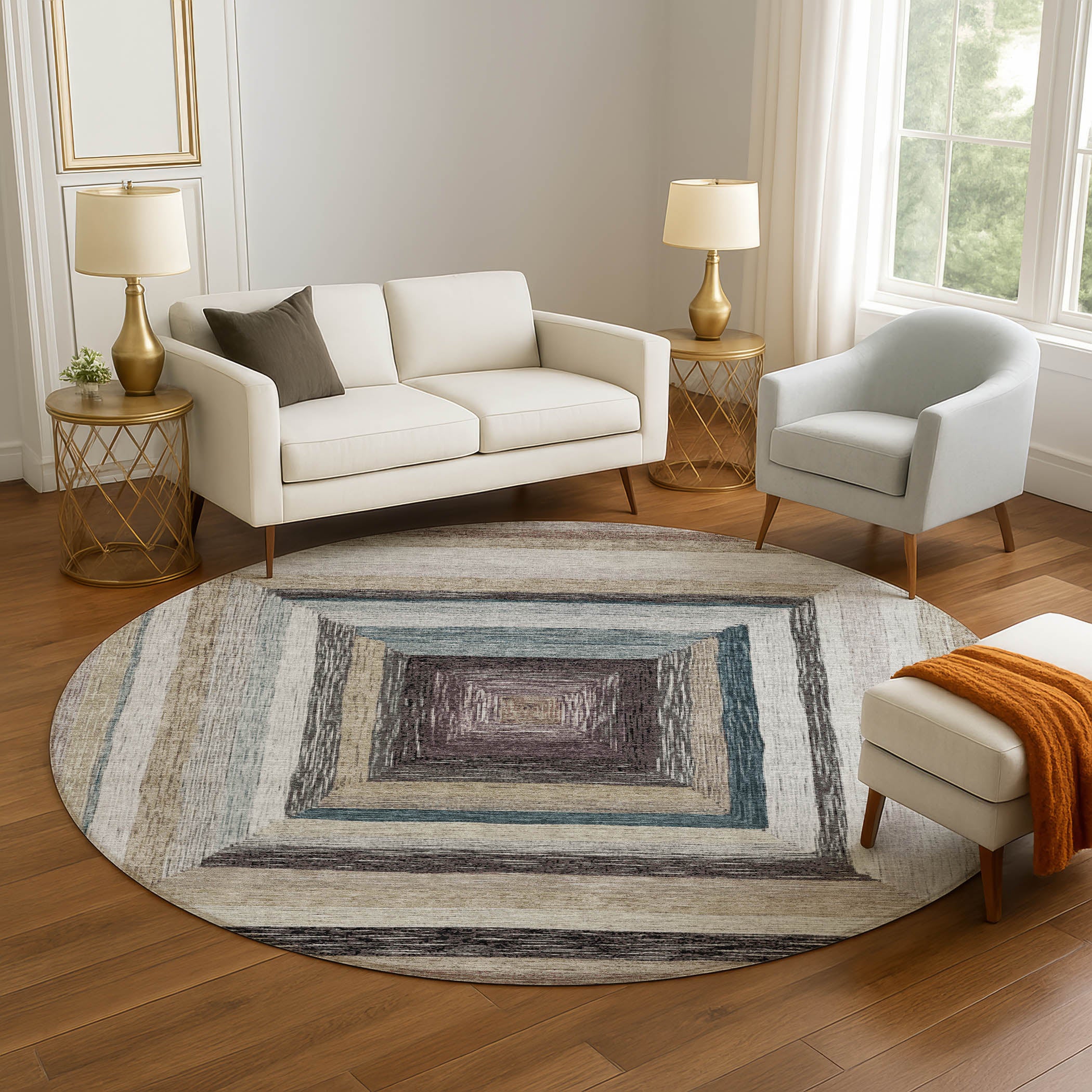 Porto Machine Washable Transitional Beige Brown Rug 8' x 8' #shape_Round