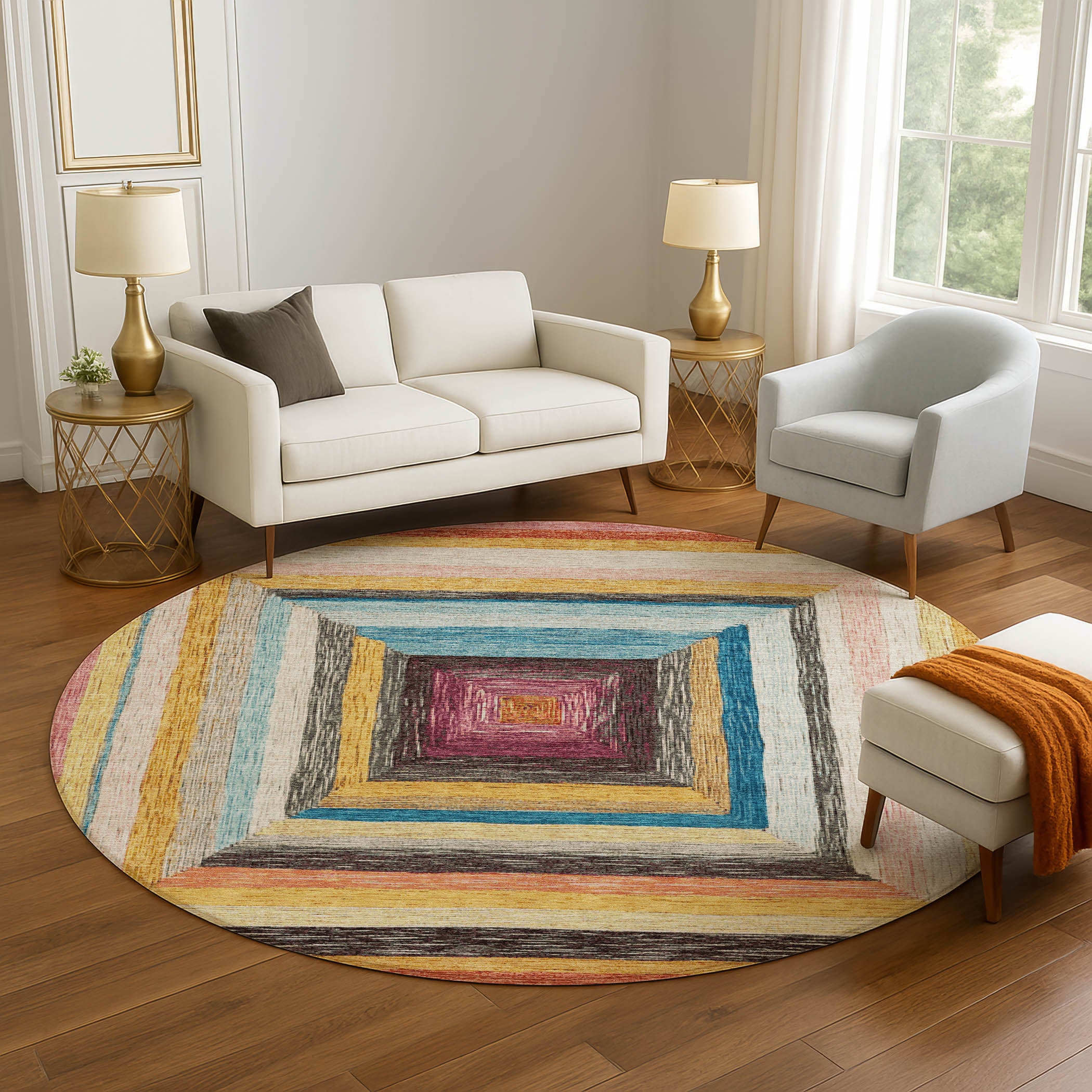 Porto Machine Washable Transitional Honey Gold Rug 8' x 8' #shape_Round