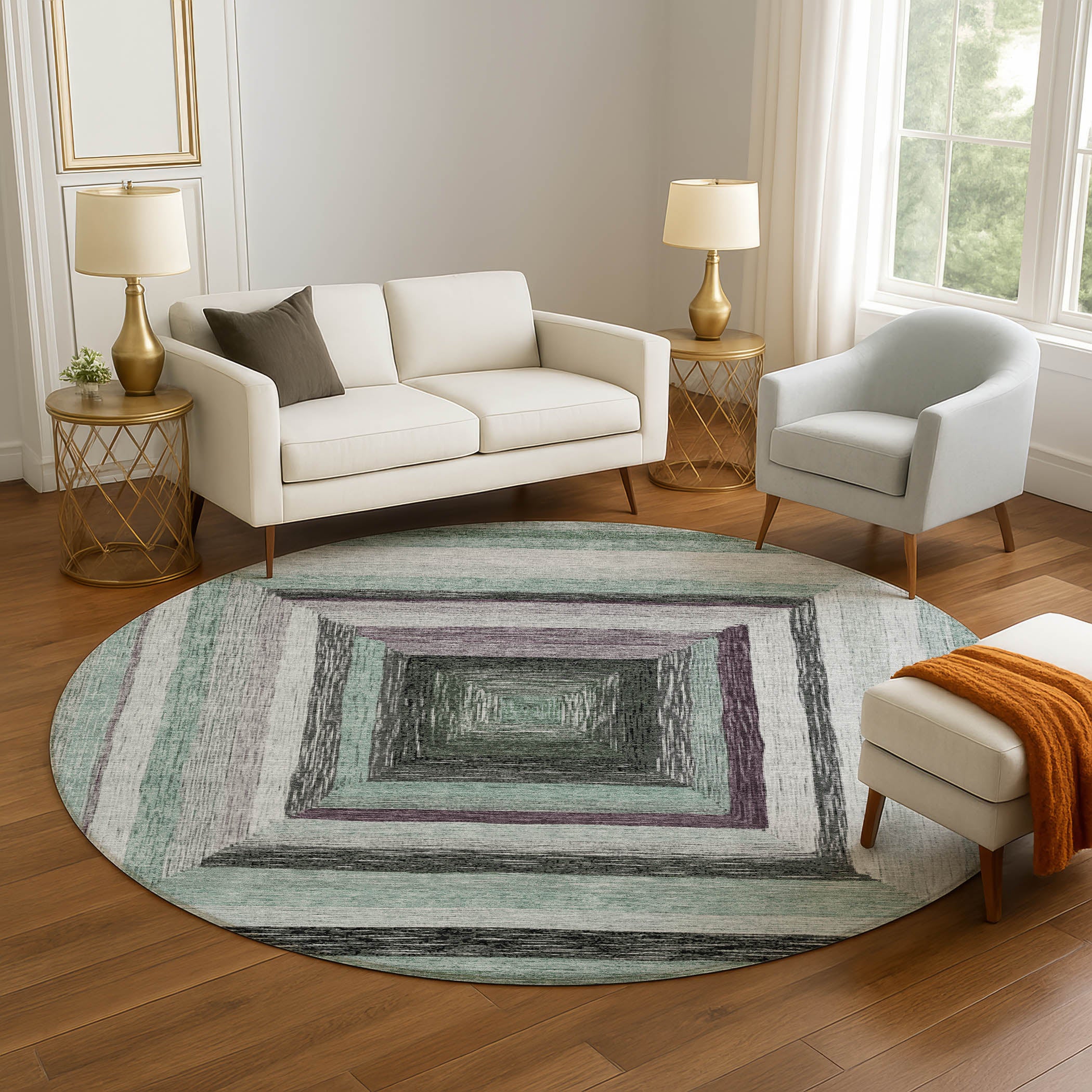 Porto Machine Washable Transitional Seafoam Blue Rug 8' x 8' #shape_Round