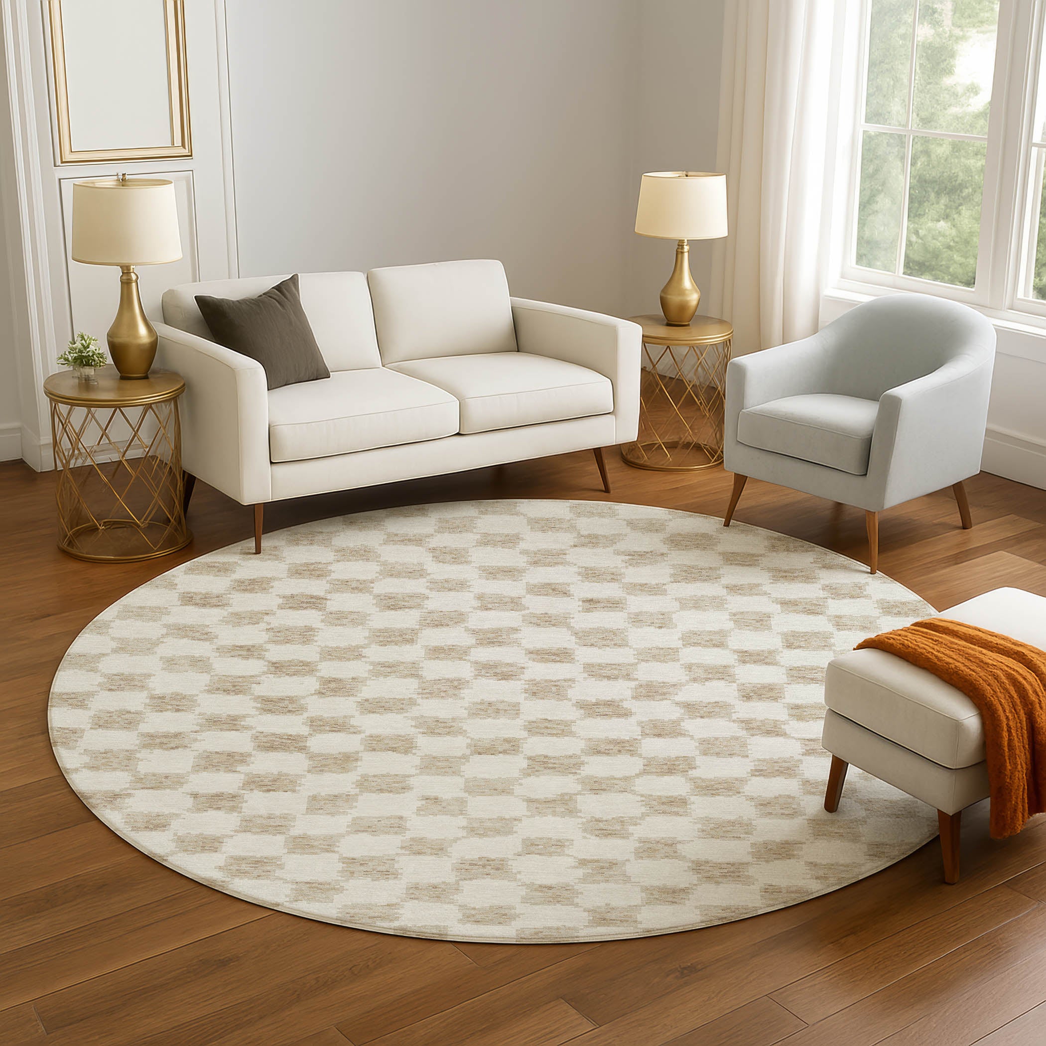 Ghent Machine Washable Transitional Beige Brown Rug 8' x 8' #shape_Round