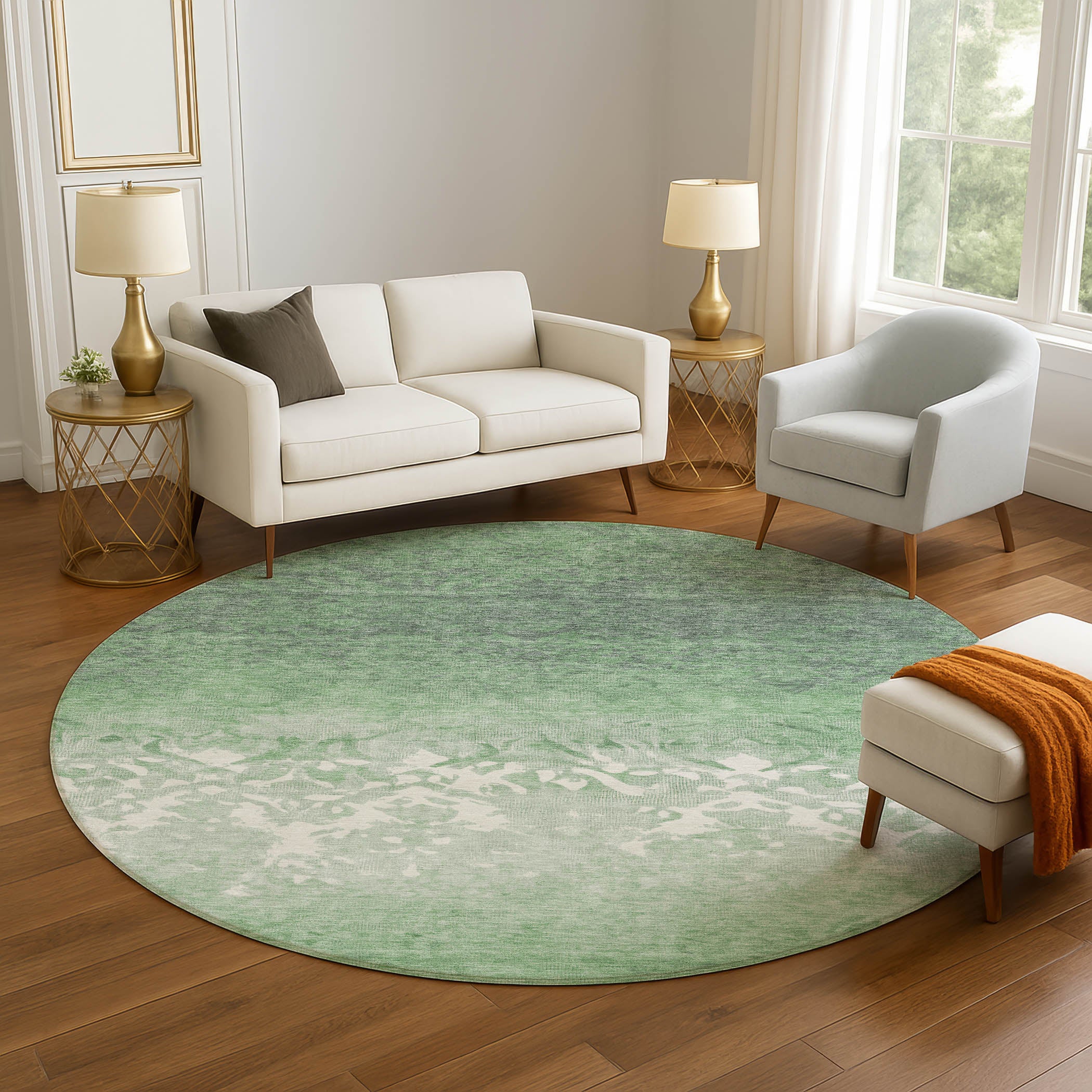 Porto Machine Washable Transitional Green Rug 8' x 8' #shape_Round