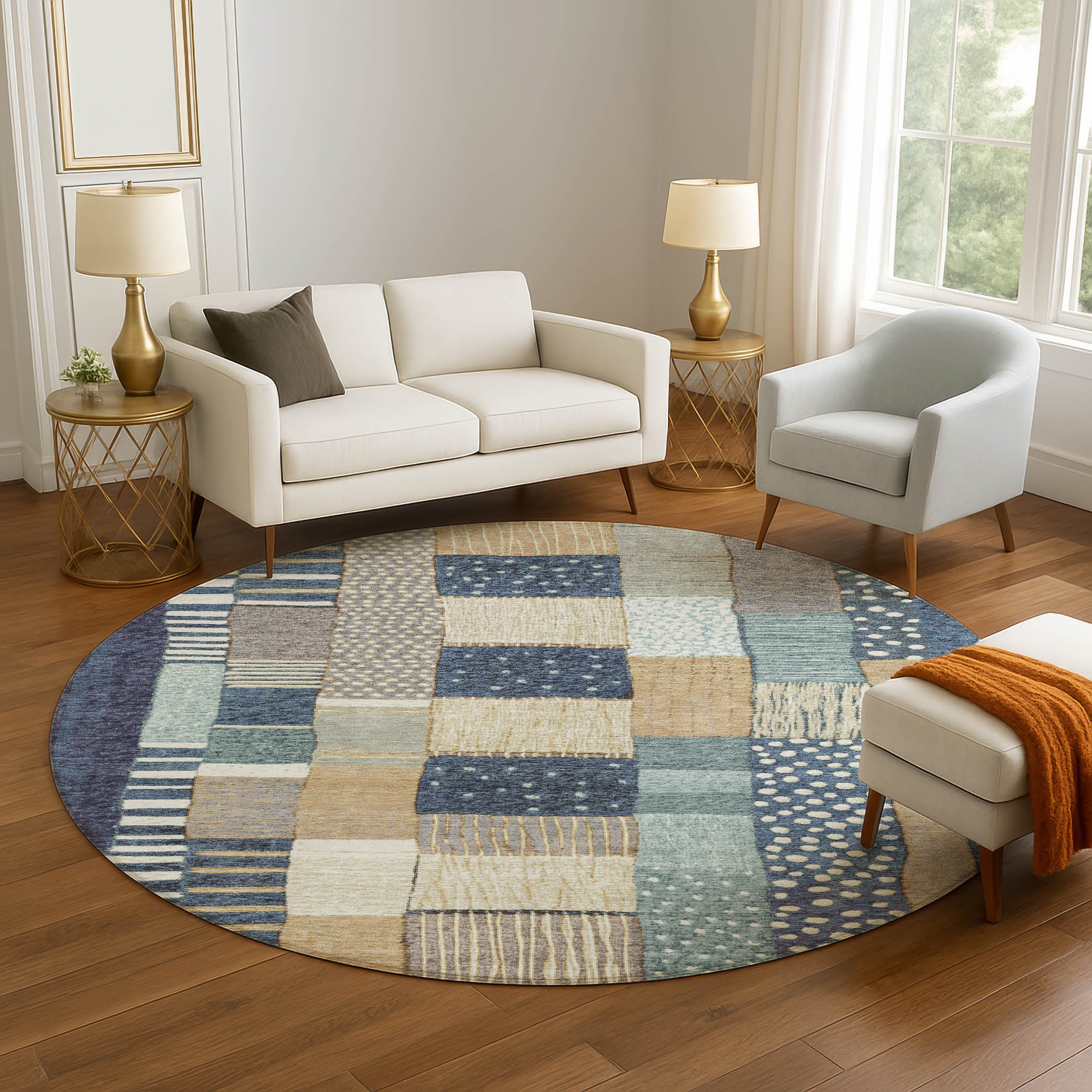 Bergen Machine Washable Transitional Navy Blue Rug 8' x 8' #shape_Round