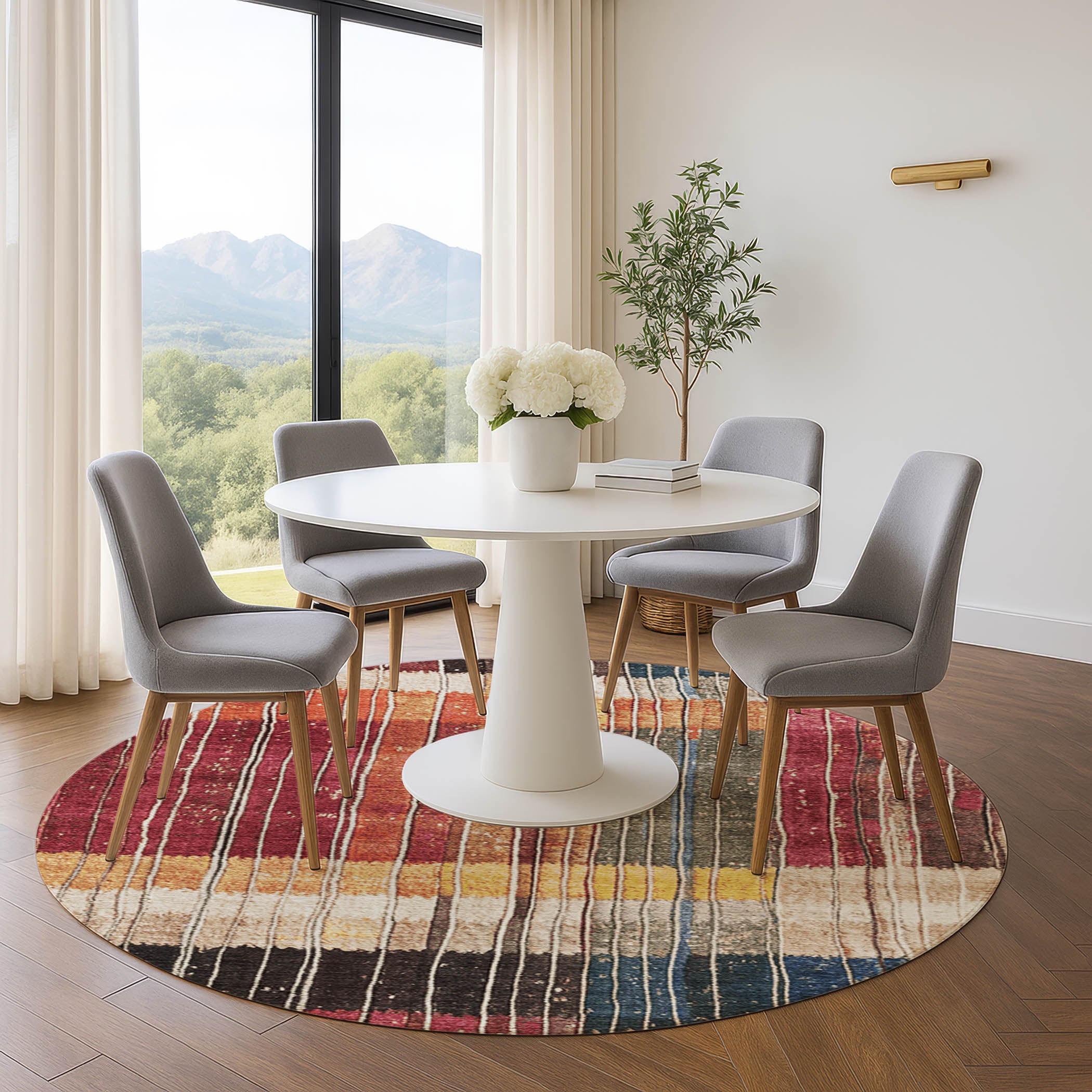 Kotor Machine Washable Transitional Beige Brown Rug 8' x 8' #shape_Round