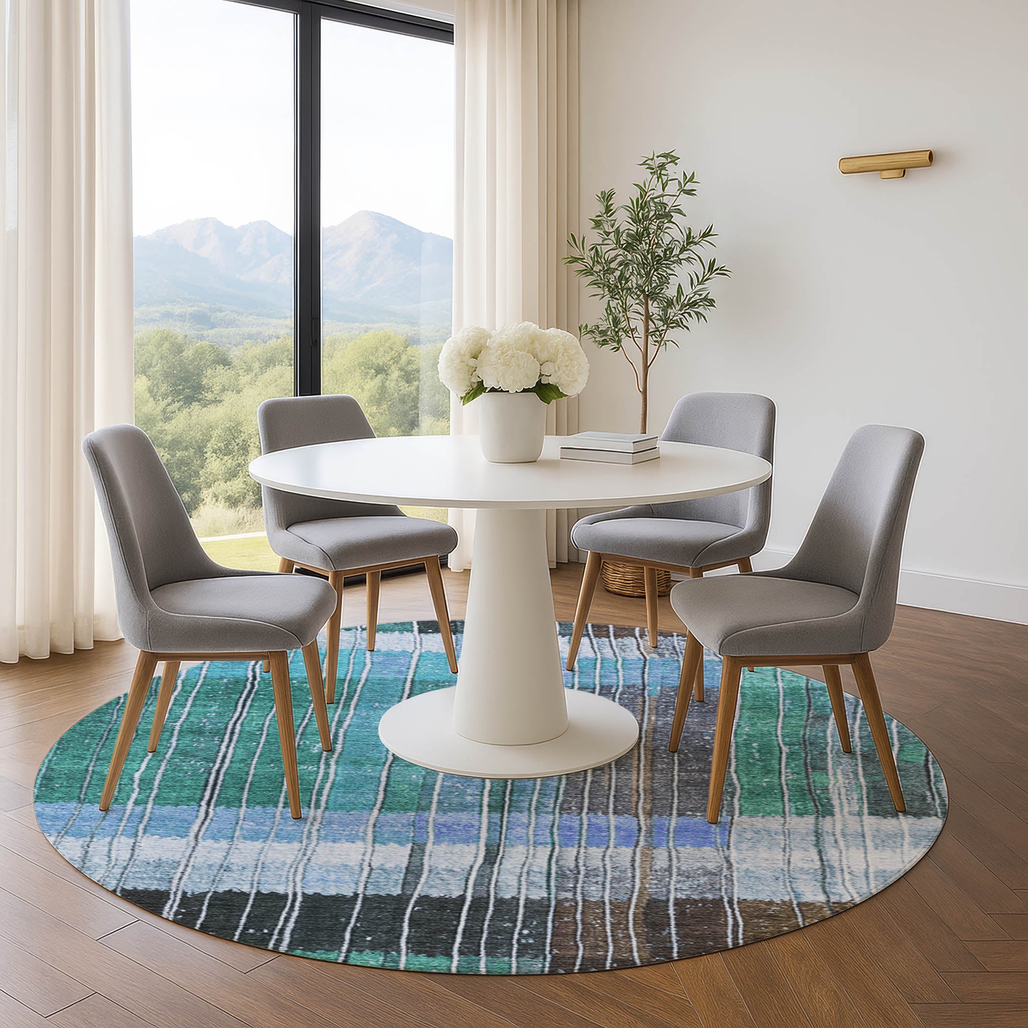Kotor Machine Washable Transitional Teal Rug 8' x 8' #shape_Round