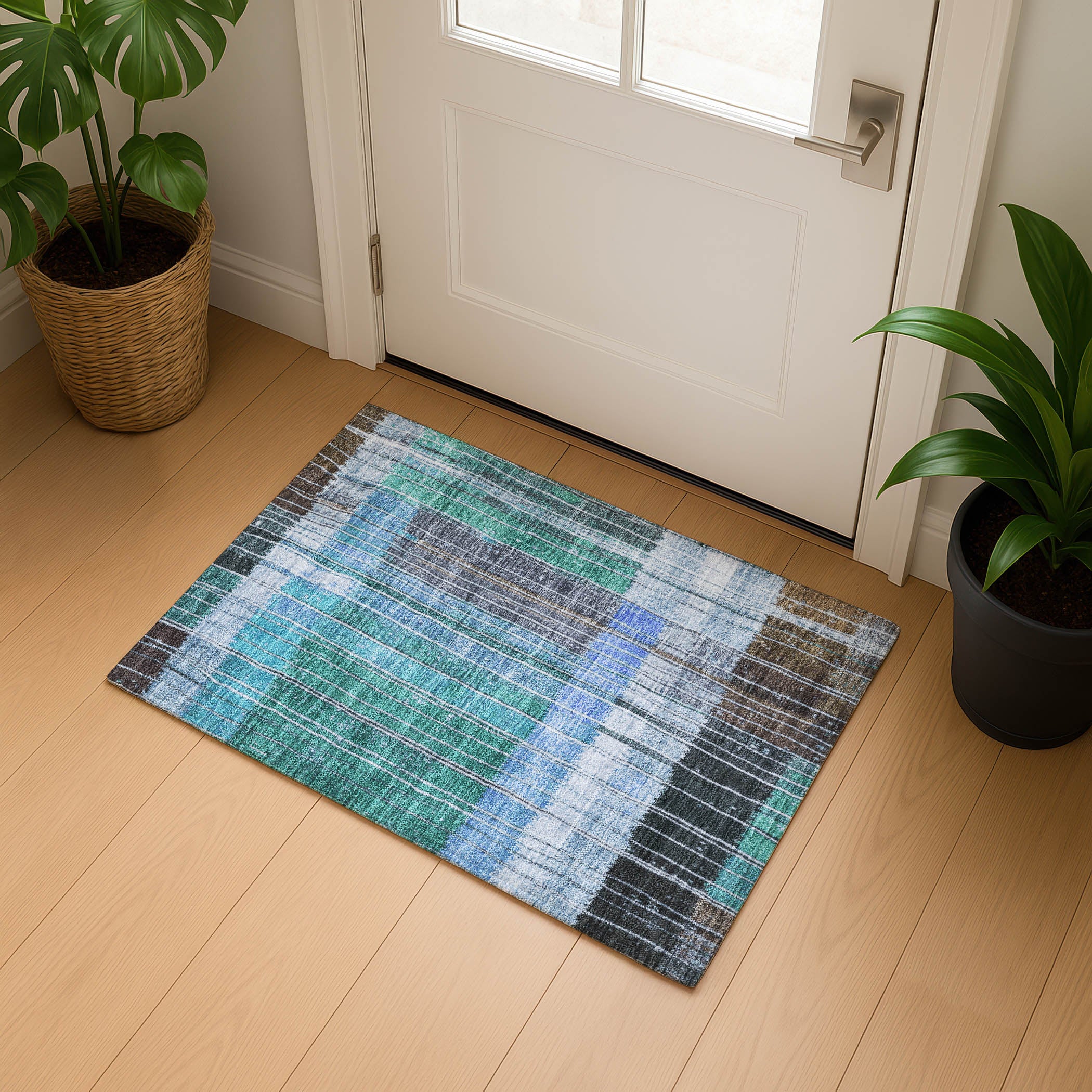 Kotor Machine Washable Transitional Teal Rug 1'8" x 2'6" #shape_Rectangle
