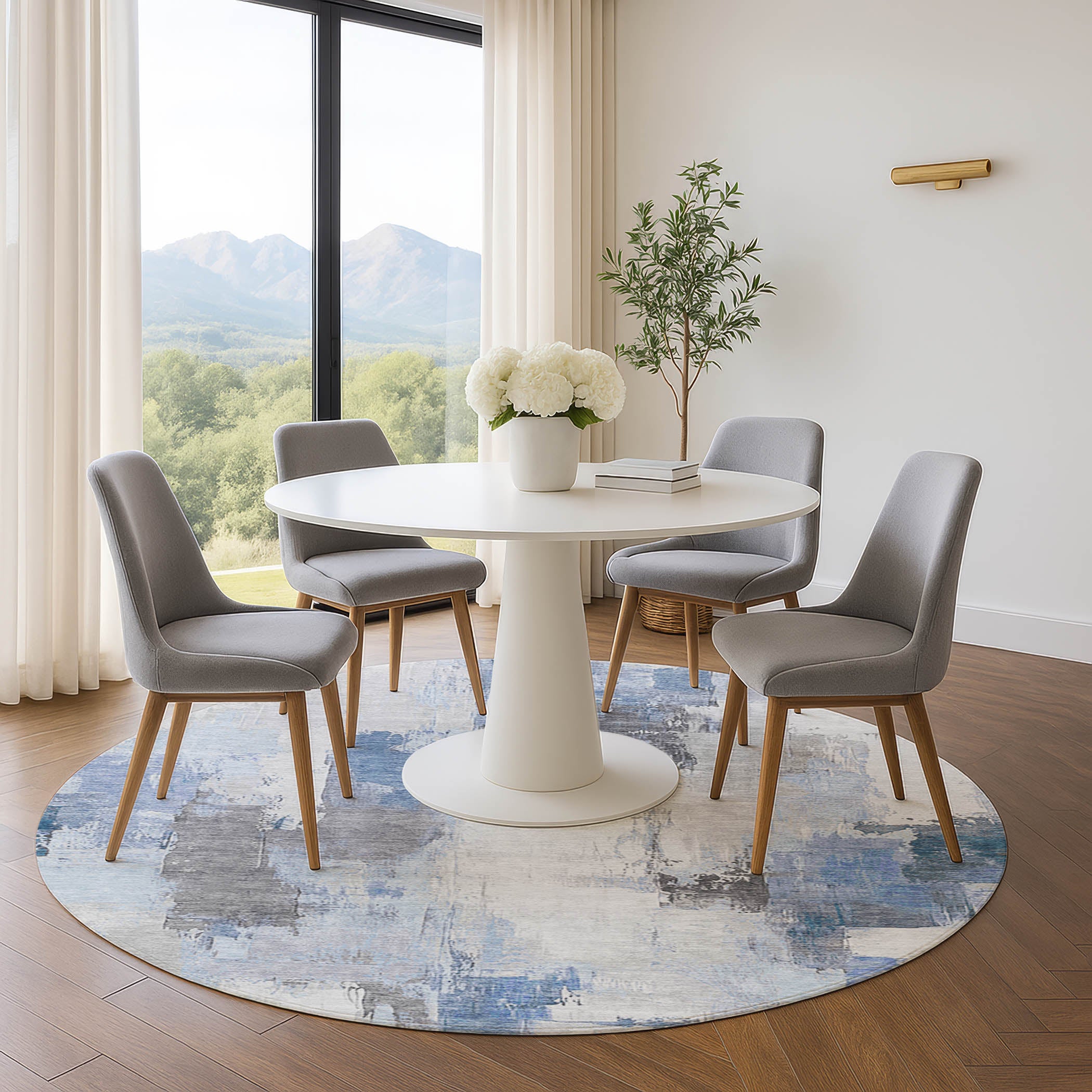 Kathmandu Machine Washable Transitional Denim Blue Rug 8' x 8' #shape_Round