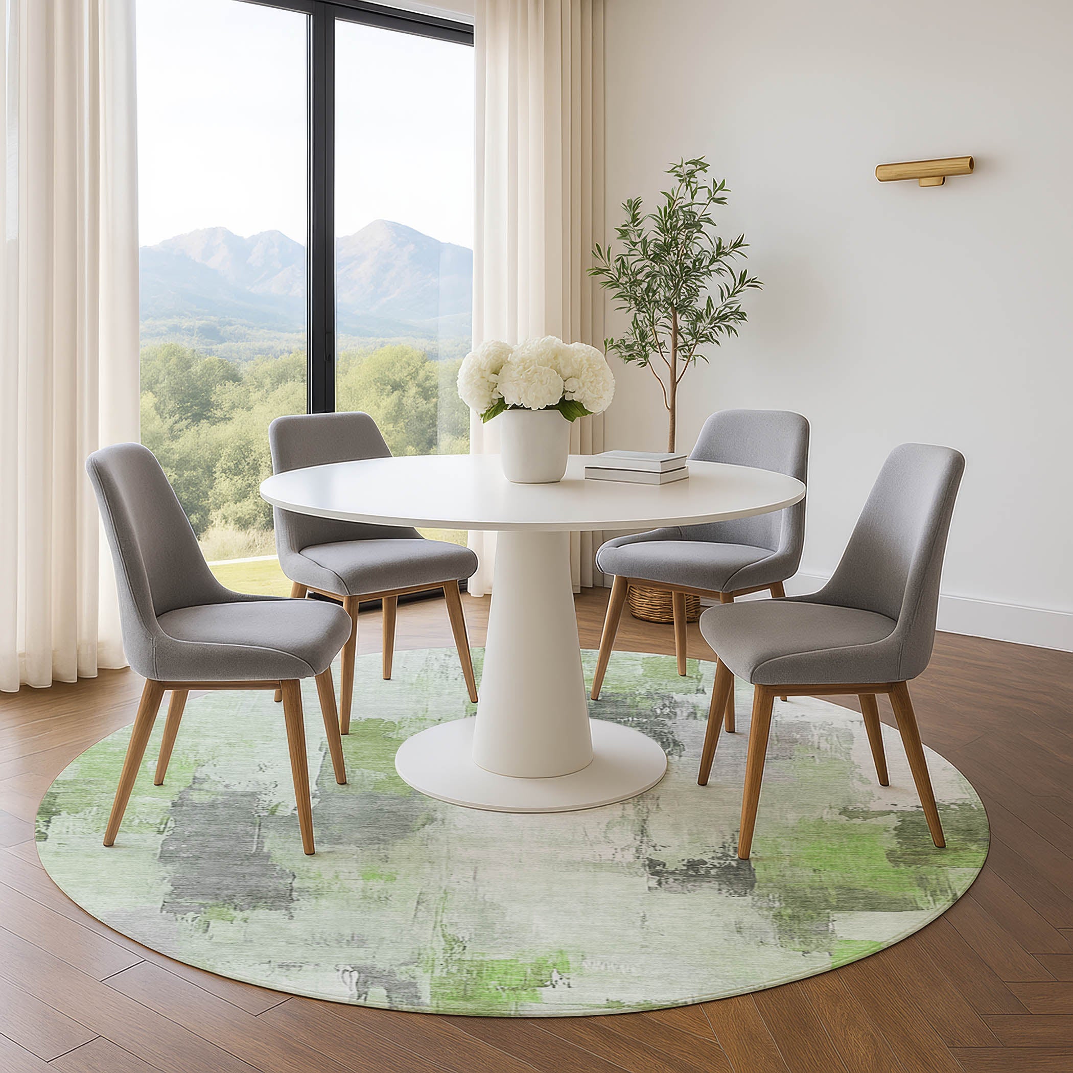 Kathmandu Machine Washable Transitional Green Rug 8' x 8' #shape_Round