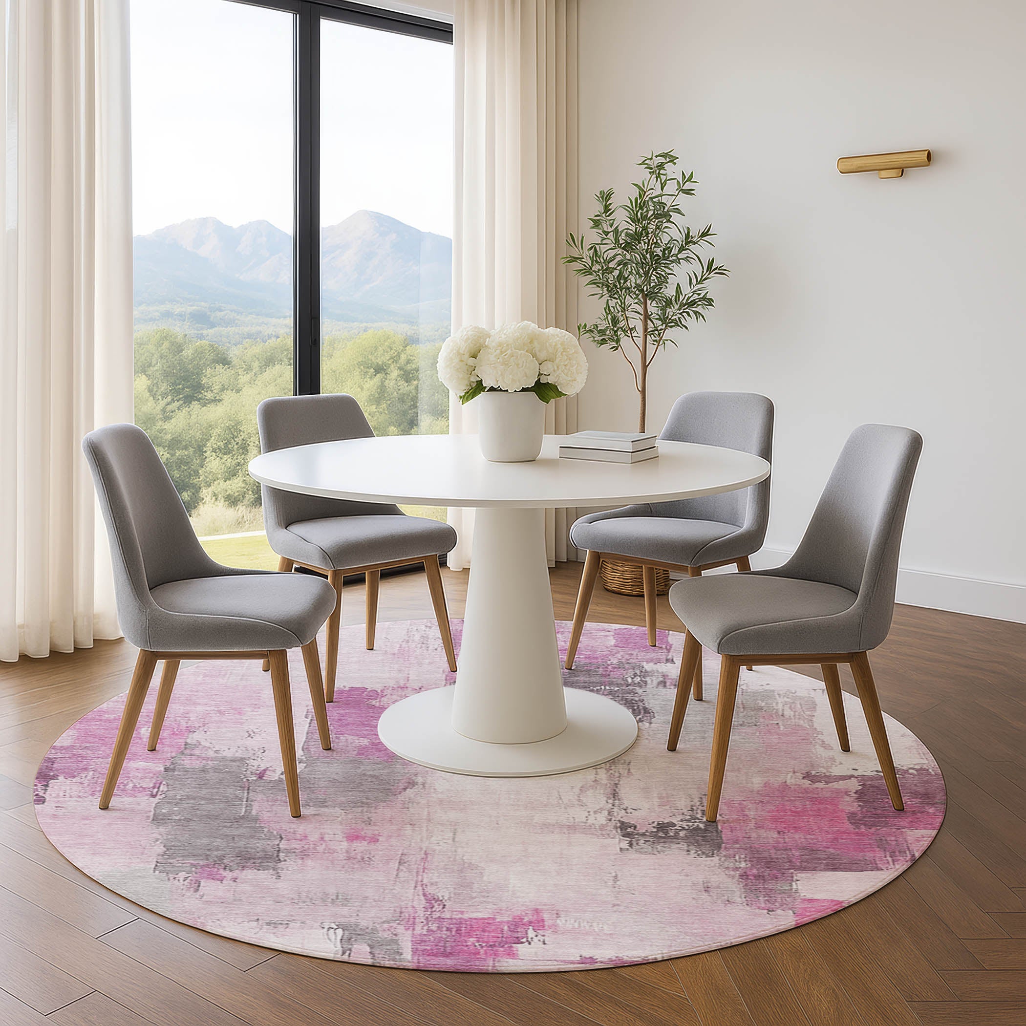 Kathmandu Machine Washable Transitional Pink Rug 8' x 8' #shape_Round