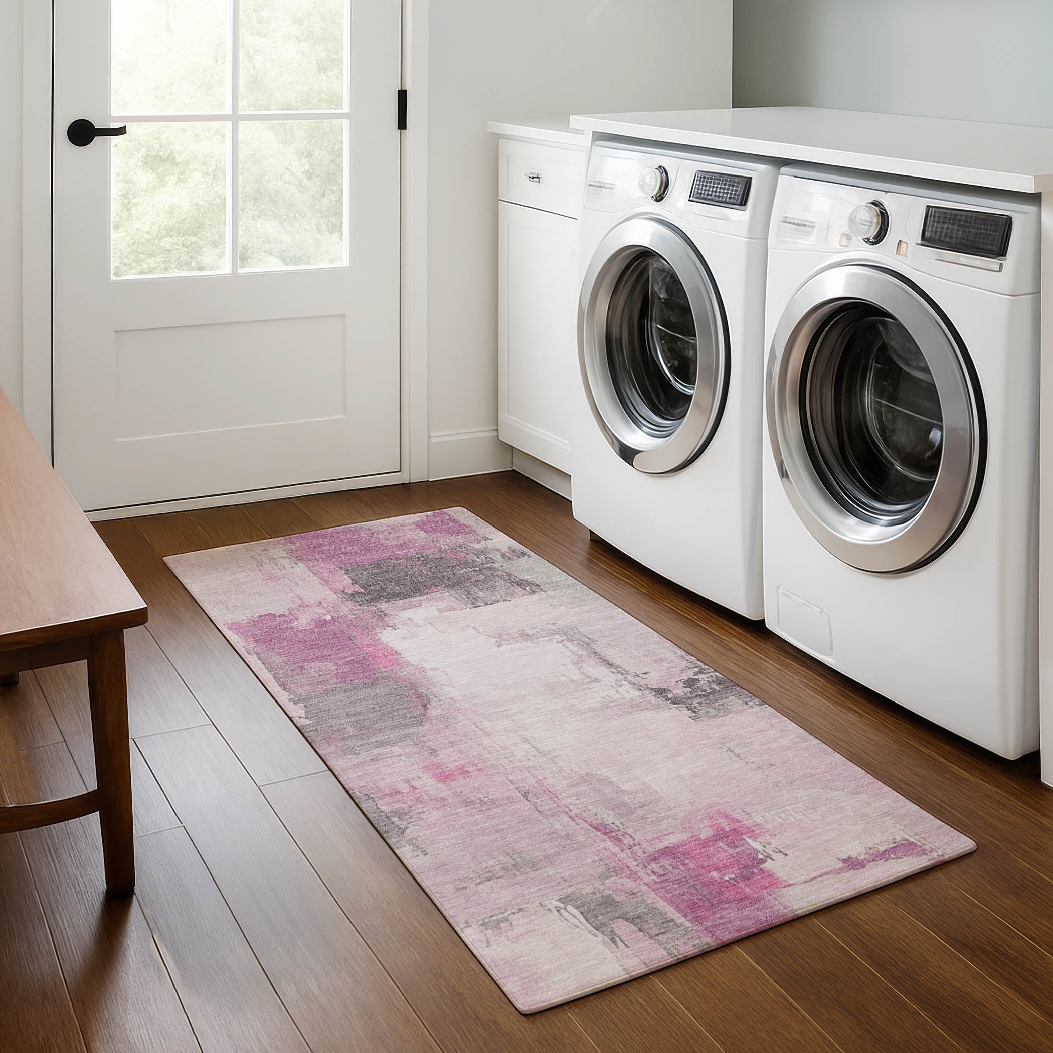 Kathmandu Machine Washable Transitional Pink Rug 2'3" x 7'6" #shape_Runner