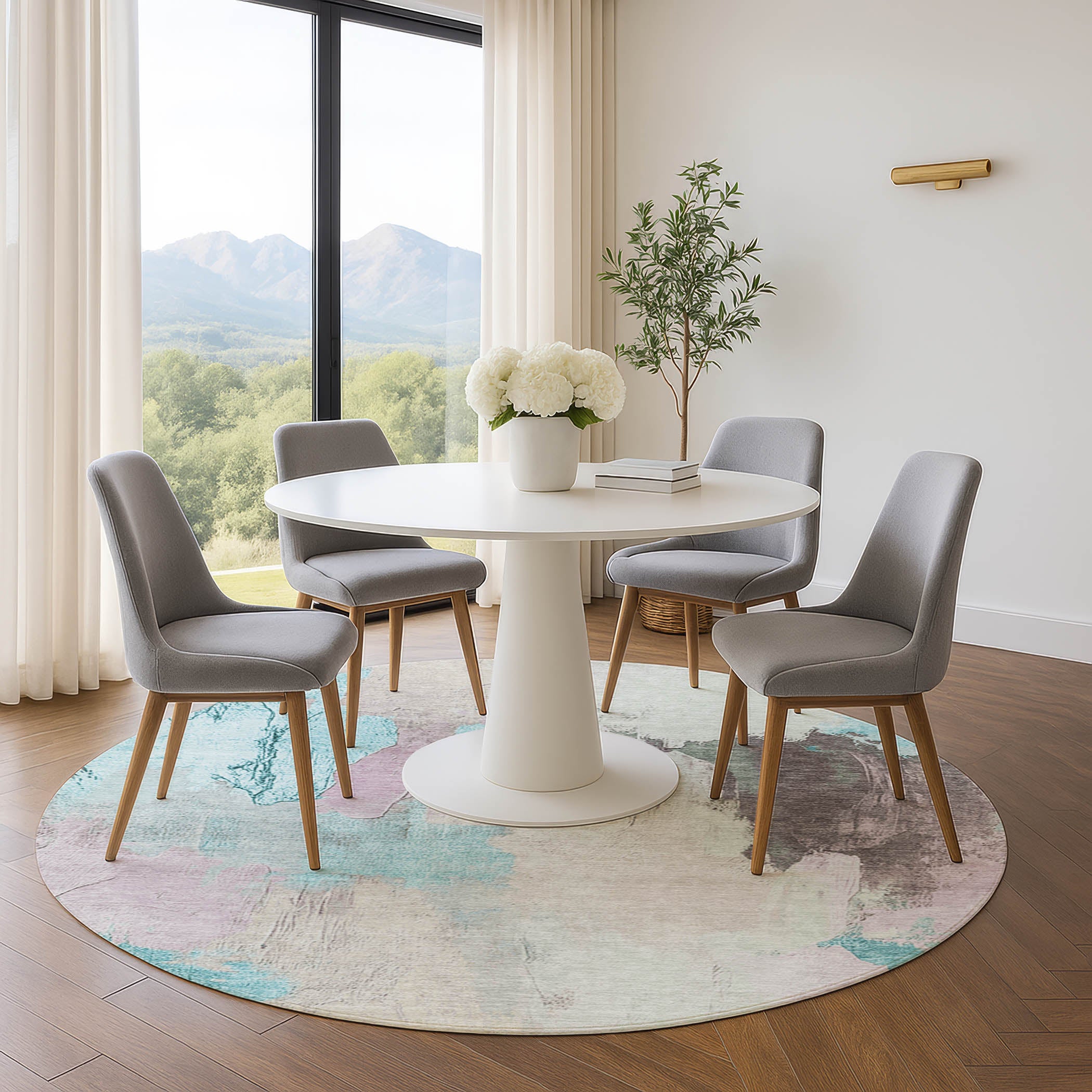 Havana Machine Washable Transitional Teal Rug 8' x 8' #shape_Round