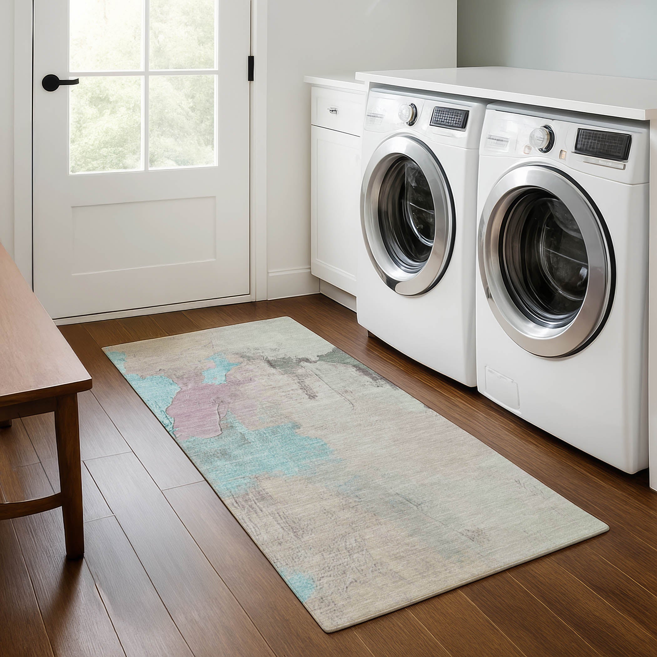 Havana Machine Washable Transitional Teal Rug 2'3" x 7'6" #shape_Runner