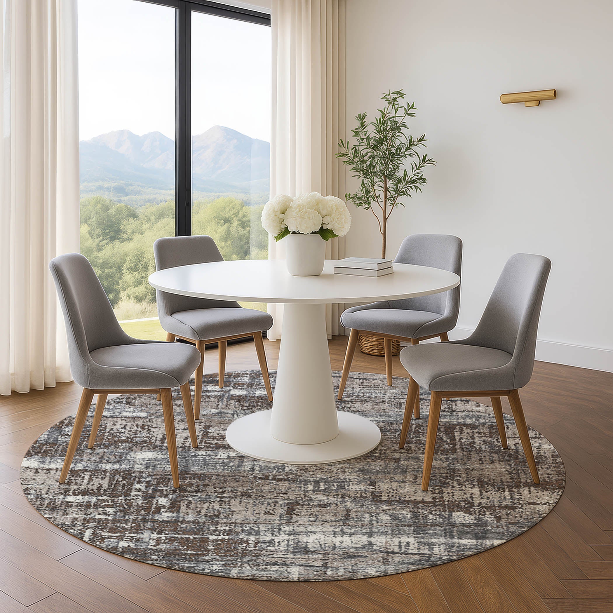 Budapest Machine Washable Transitional Brown Rug 8' x 8' #shape_Round