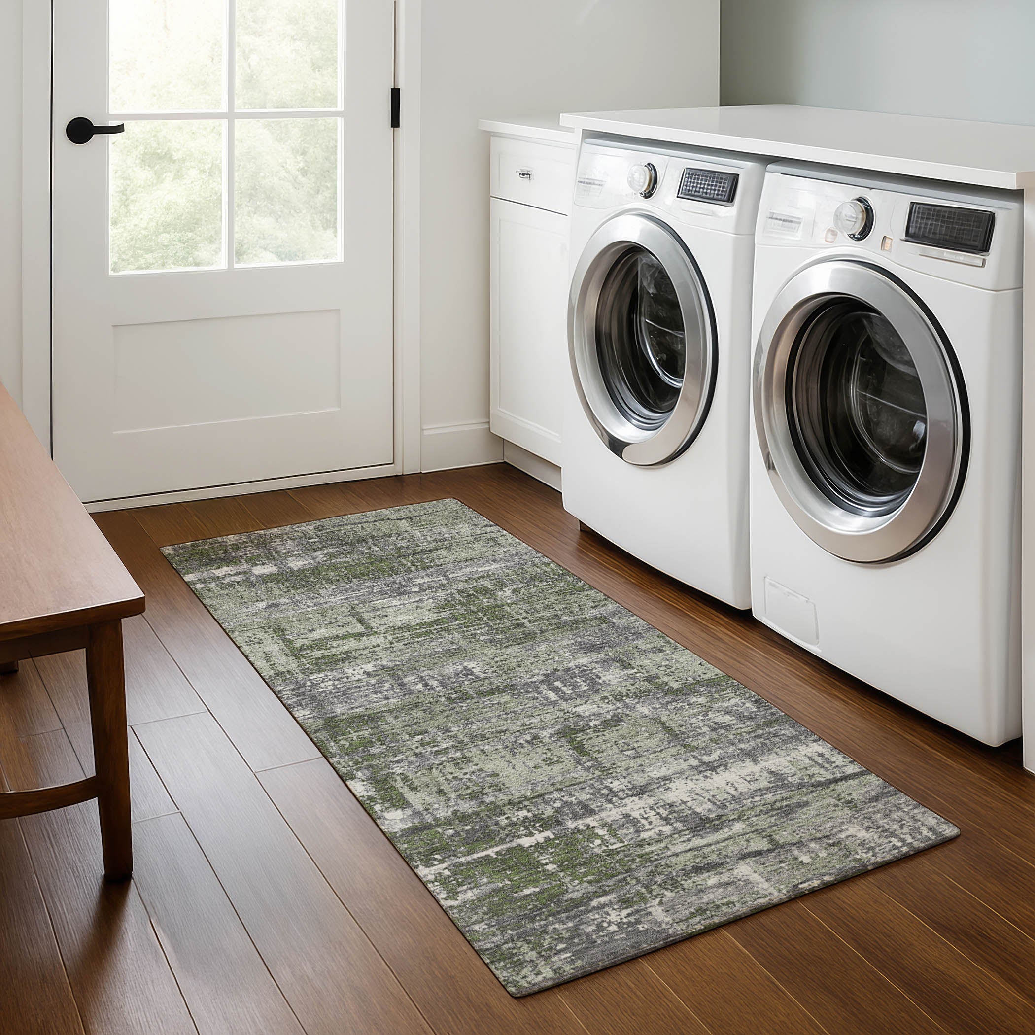 Budapest Machine Washable Transitional Olive Green Rug 2'3" x 7'6" #shape_Runner