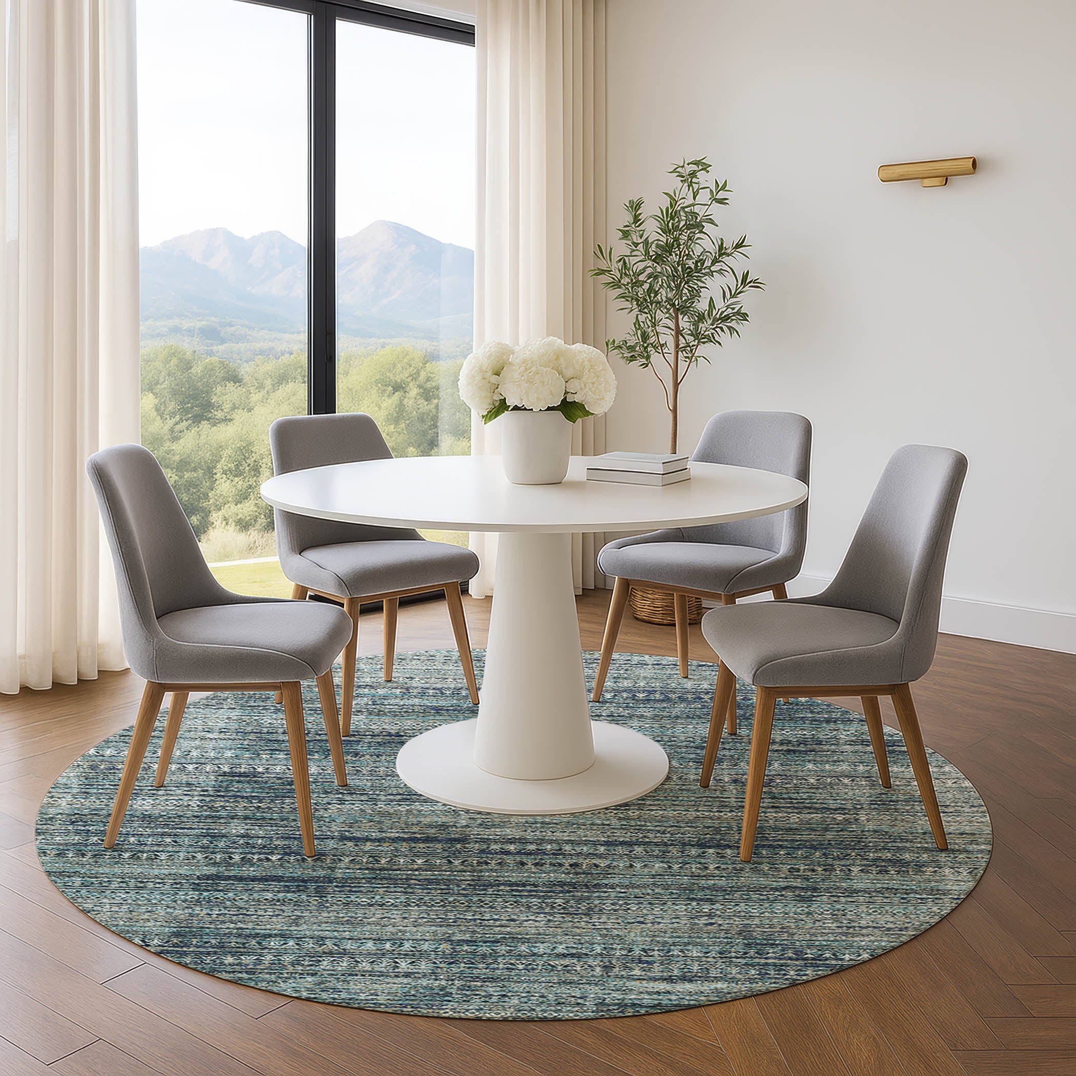 Havana Machine Washable Transitional Teal Rug 8' x 8' #shape_Round