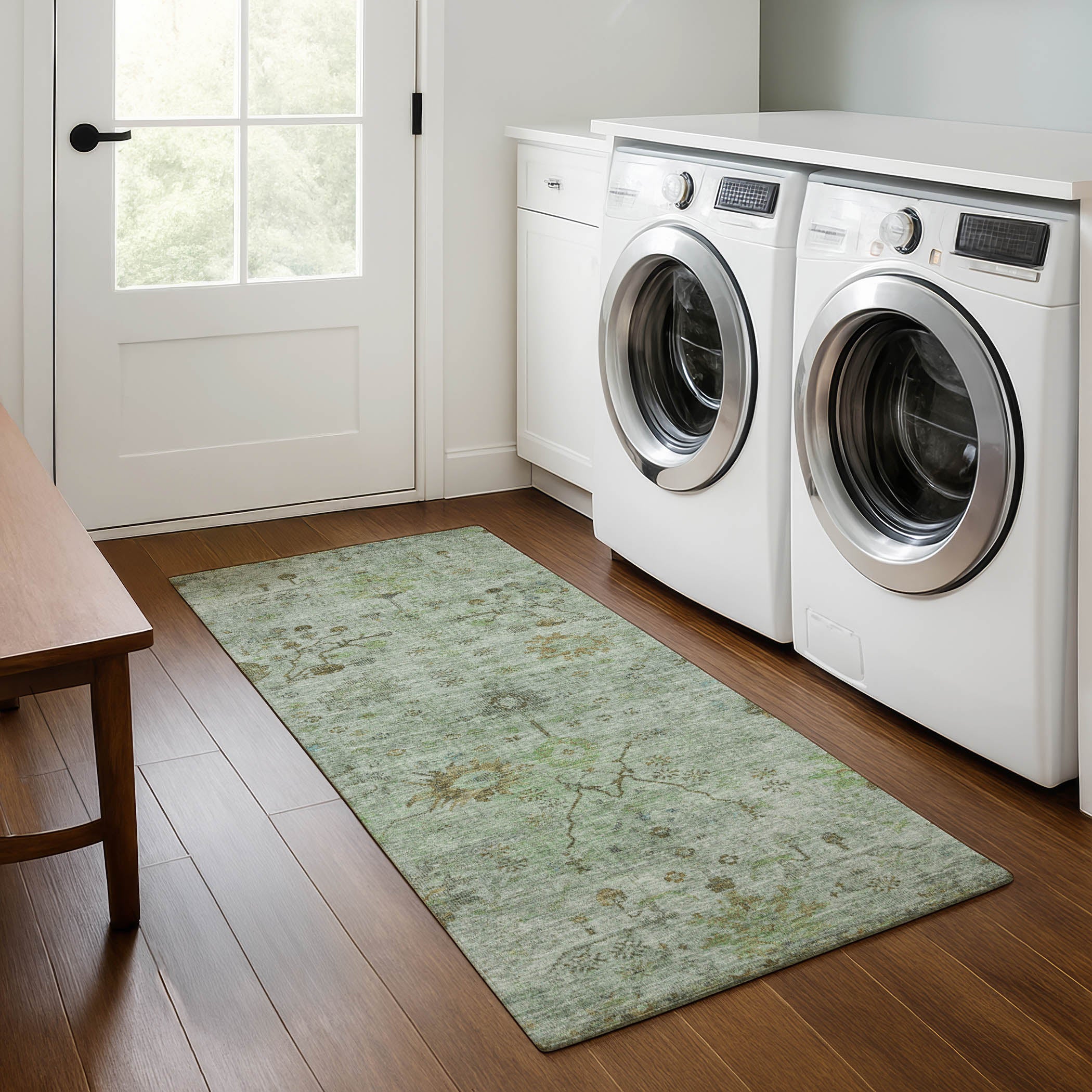 Kotor Machine Washable Traditional Aloe Green Rug 2'3" x 7'6" #shape_Runner