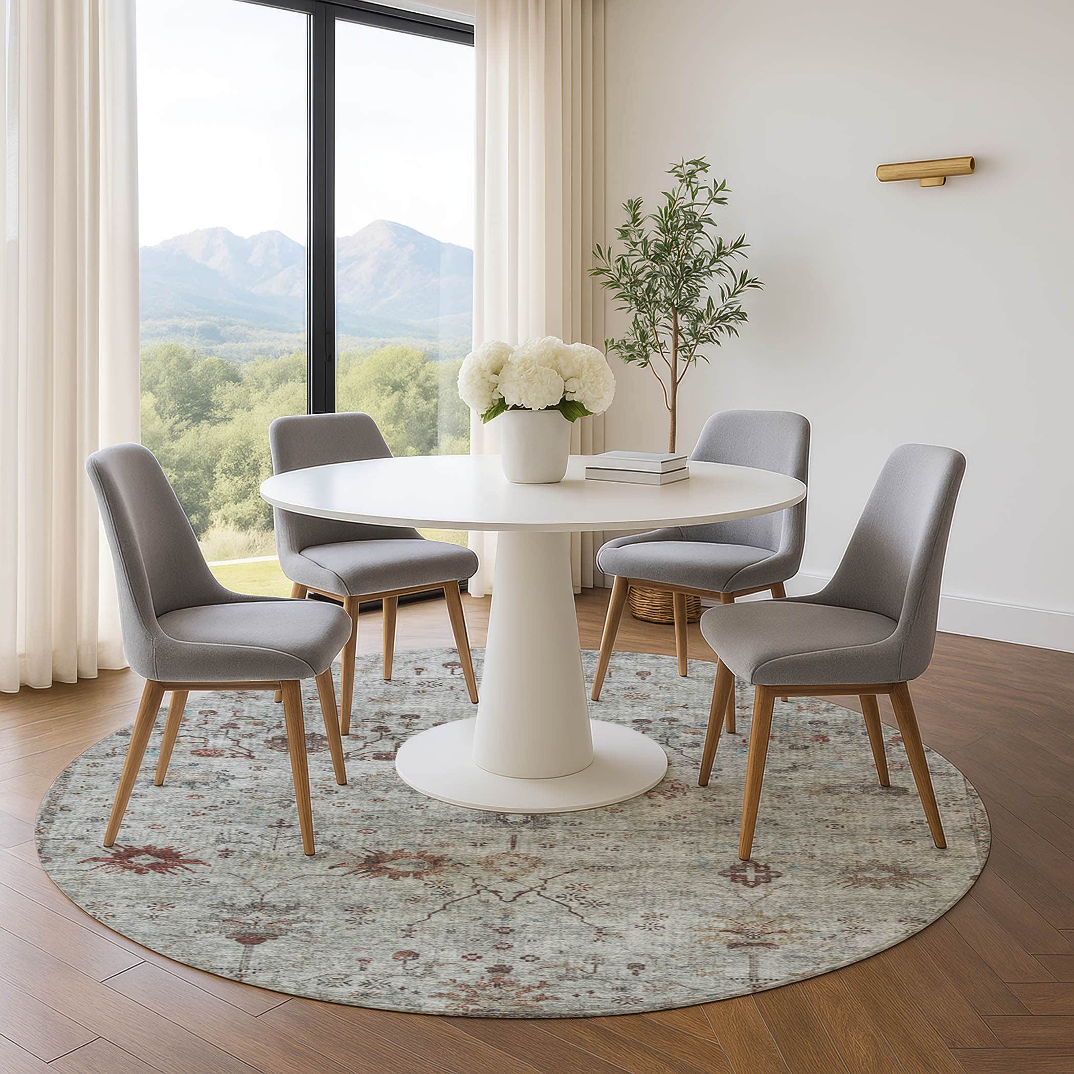 Kotor Machine Washable Traditional Gray Rug 8' x 8' #shape_Round