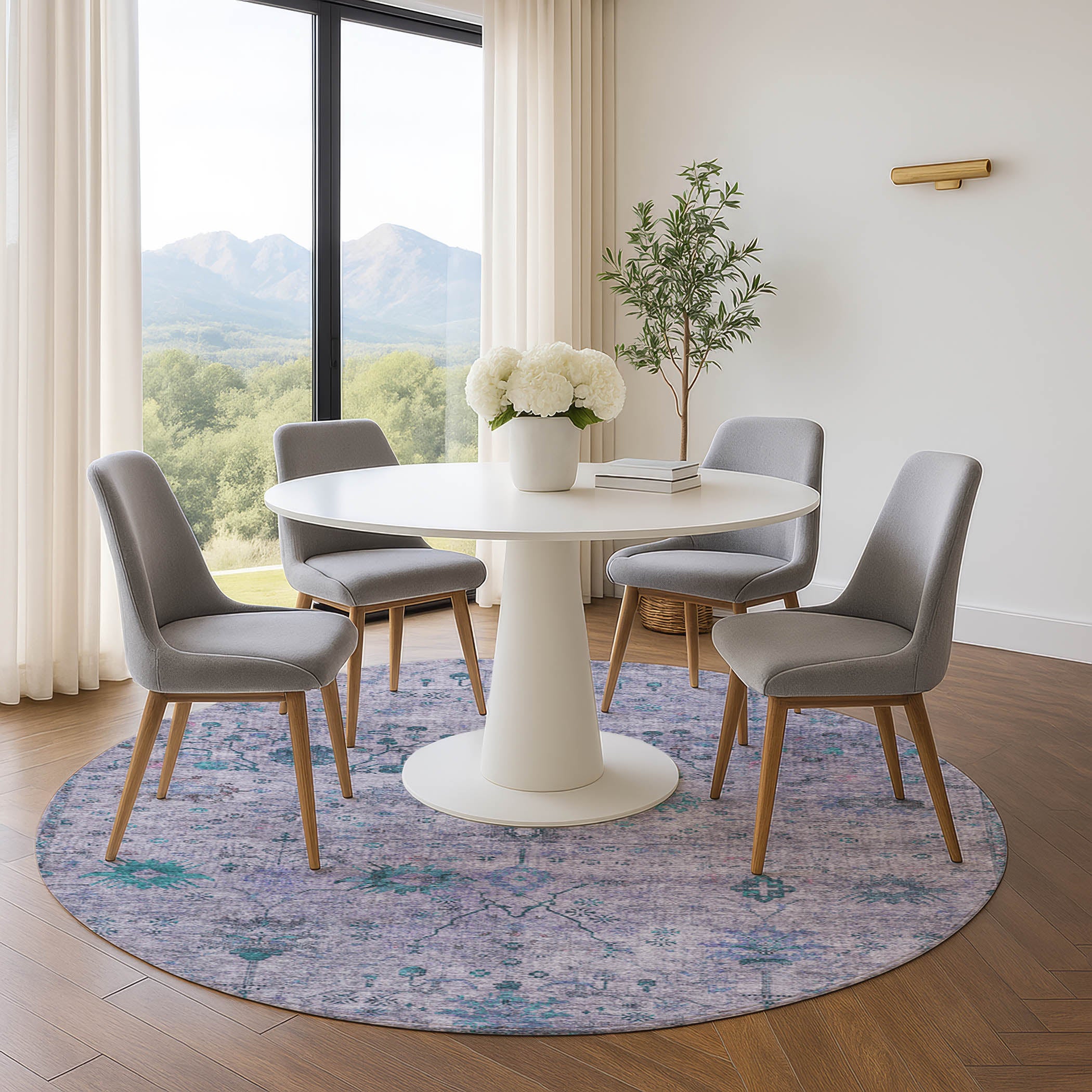 Kotor Machine Washable Traditional Lavender Purple Rug 8' x 8' #shape_Round